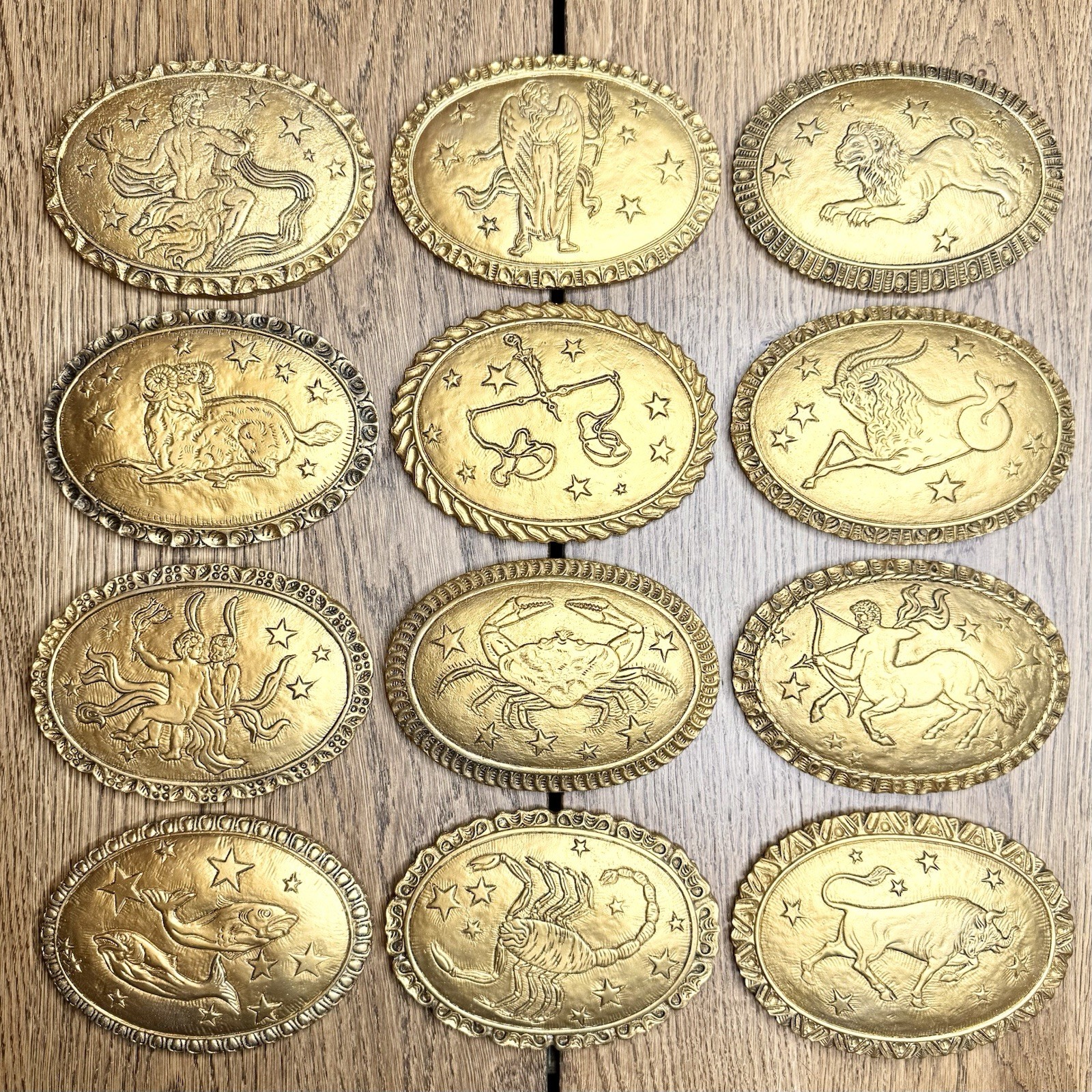 Vtg Gold Tone Zodiac Wall Plaques Complete Set 12 Oval Astrology Celestial 6" Vtg Gold Tone Zodiac Wall Plaques Complete Set 12 Oval Astrology Celestial 6"