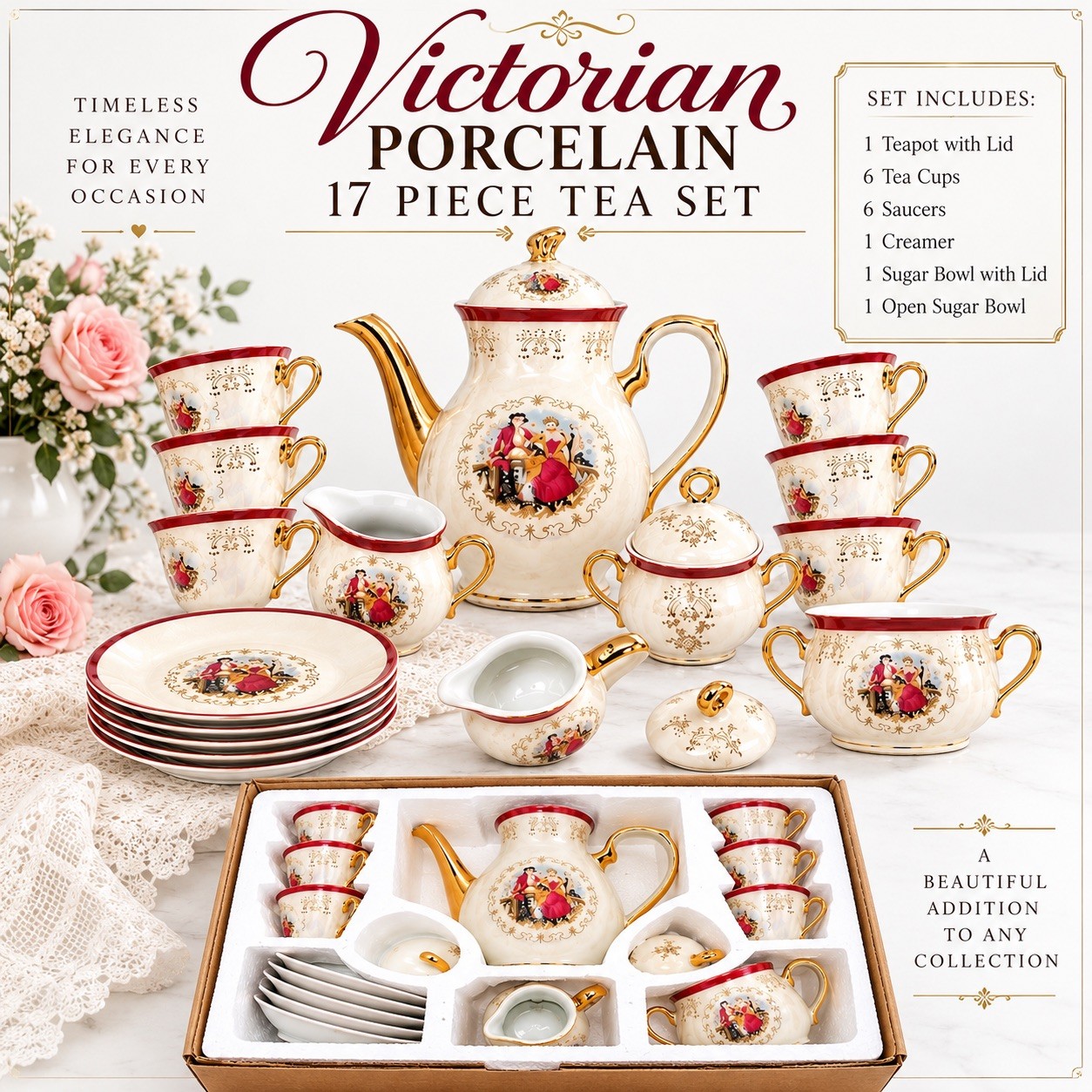 VTG Victorian Style Fine Porcelain Tea Set 17 Piece Set With Gold Trim Handles VTG Victorian Style Fine Porcelain Tea Set 17 Piece Set With Gold Trim Handles