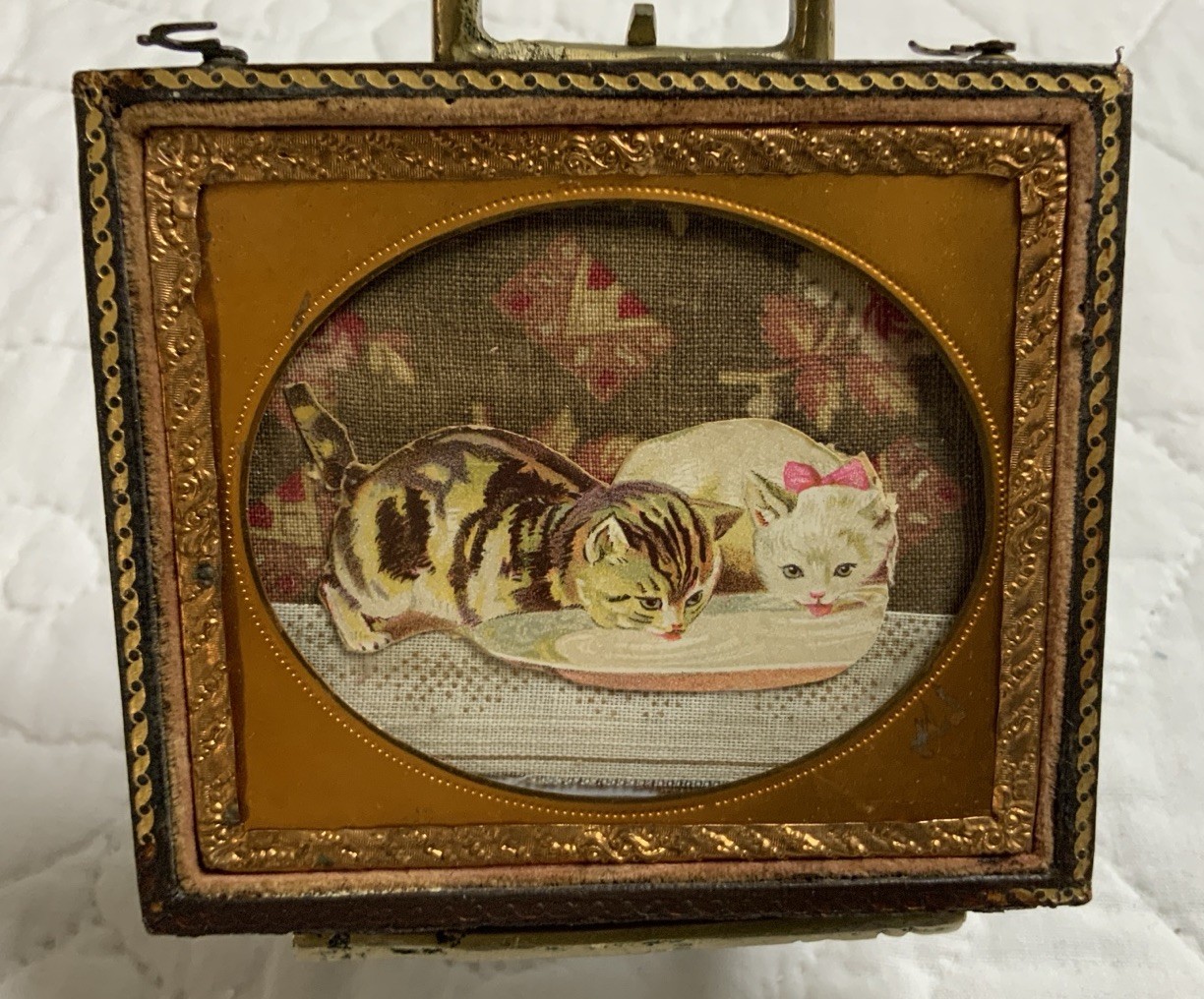 Antique Victorian Die Cut Ephemera Framed, Half Union Case, Two Kitty Cats Antique Victorian Die Cut Ephemera Framed, Half Union Case, Two Kitty Cats