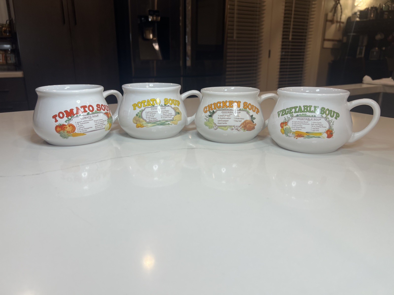 DDJ Recipe Soup Mugs VTG (Ceramic Set of 4) - Tomato, Vegetable, Chicken, Potato DDJ Recipe Soup Mugs VTG (Ceramic Set of 4) - Tomato, Vegetable, Chicken, Potato