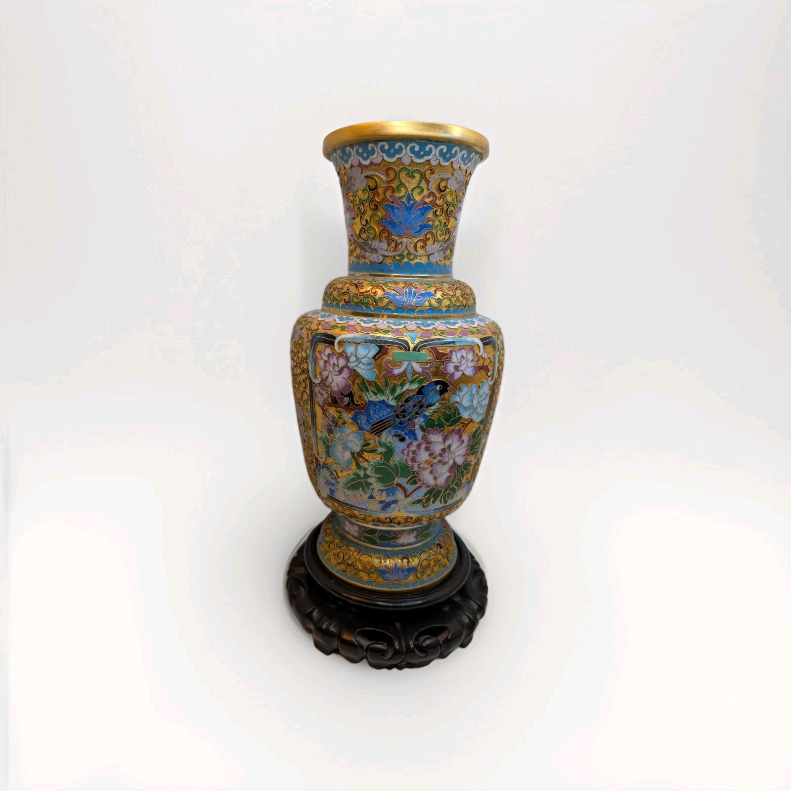 Vtg Chinese Raised Relief Cloisonné Vase Peony Bird Motif with Stand 15" w/Stand