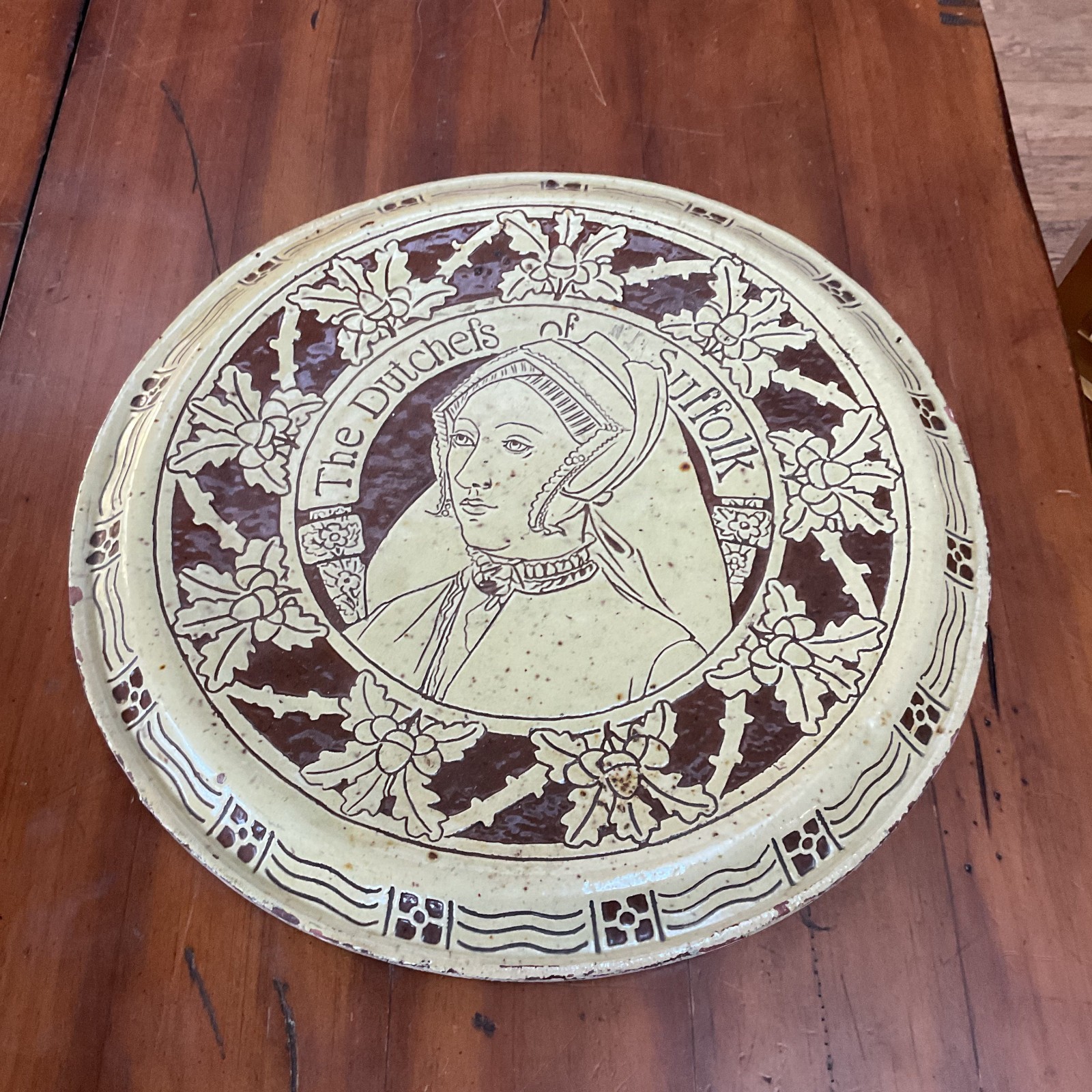 Antique English Sgraffito Duchess of Suffolk Portrait Plate Tudor Style 16"