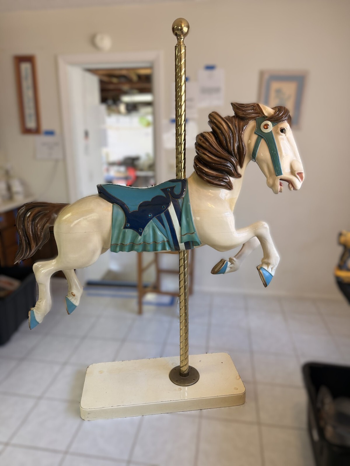 S&S Woodcarvers Large Hand Carved Wood Carousel Horse Signed Gabriel Brass Pole S&S Woodcarvers Large Hand Carved Wood Carousel Horse Signed Gabriel Brass Pole