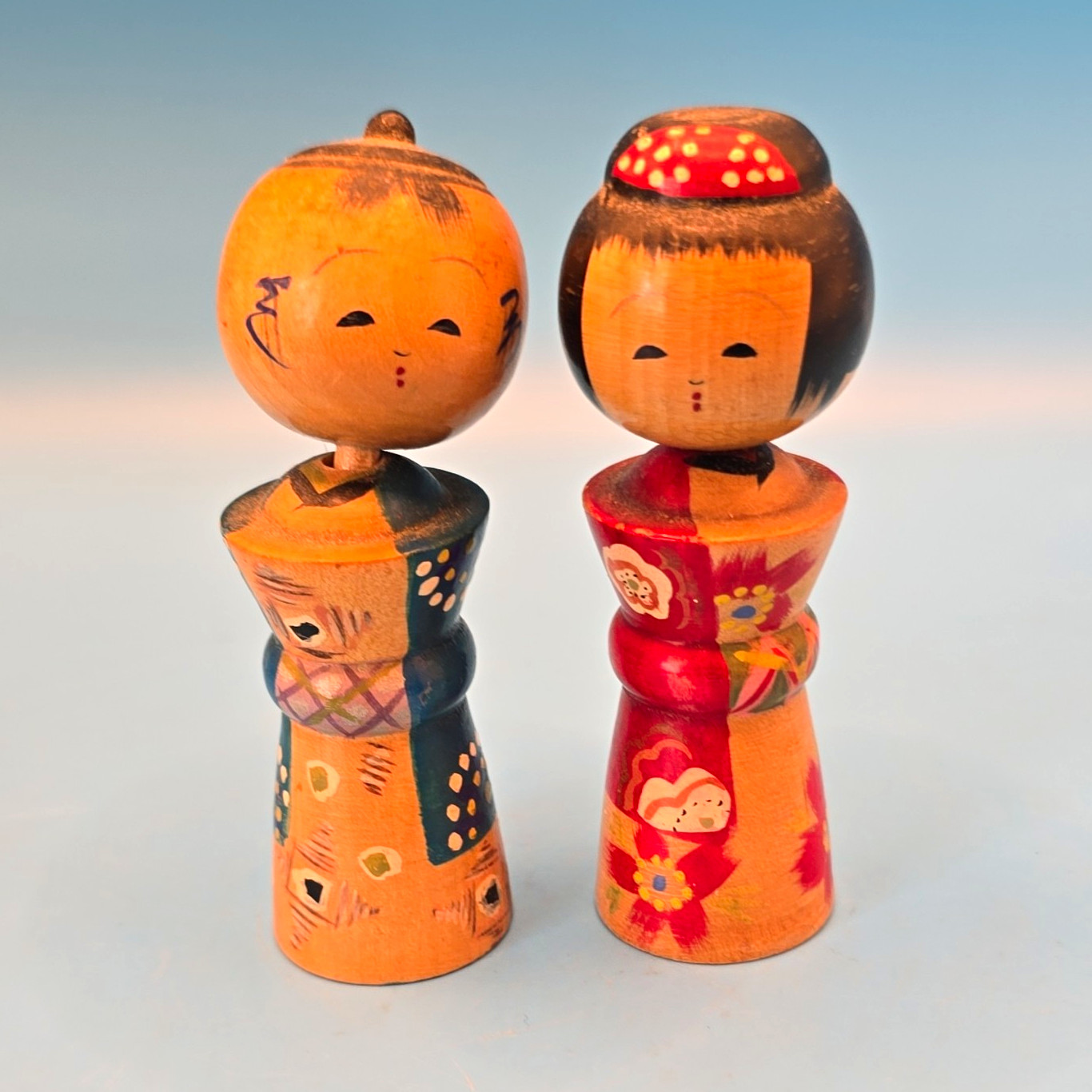 Pair Japanese Wooden Kokeshi Dolls Marked Japan on Base, Blue & Red