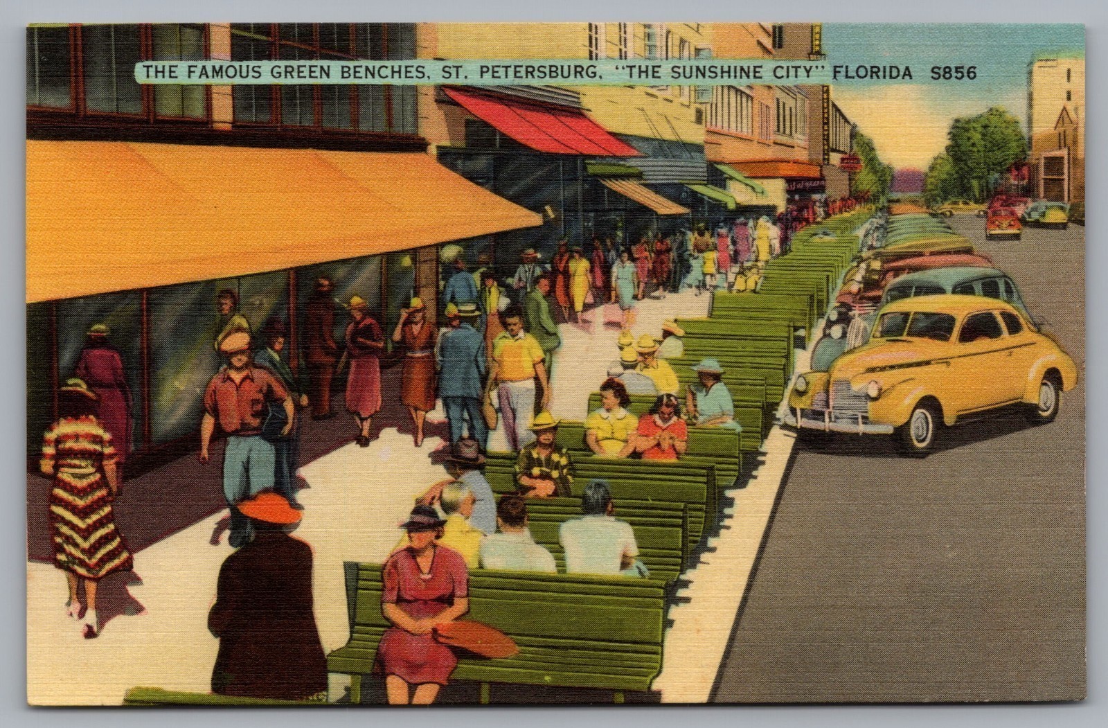 Famous Green Benches, People, Old Cars, Stores in St. Petersburg, FL. Postcard Famous Green Benches, People, Old Cars, Stores in St. Petersburg, FL. Postcard