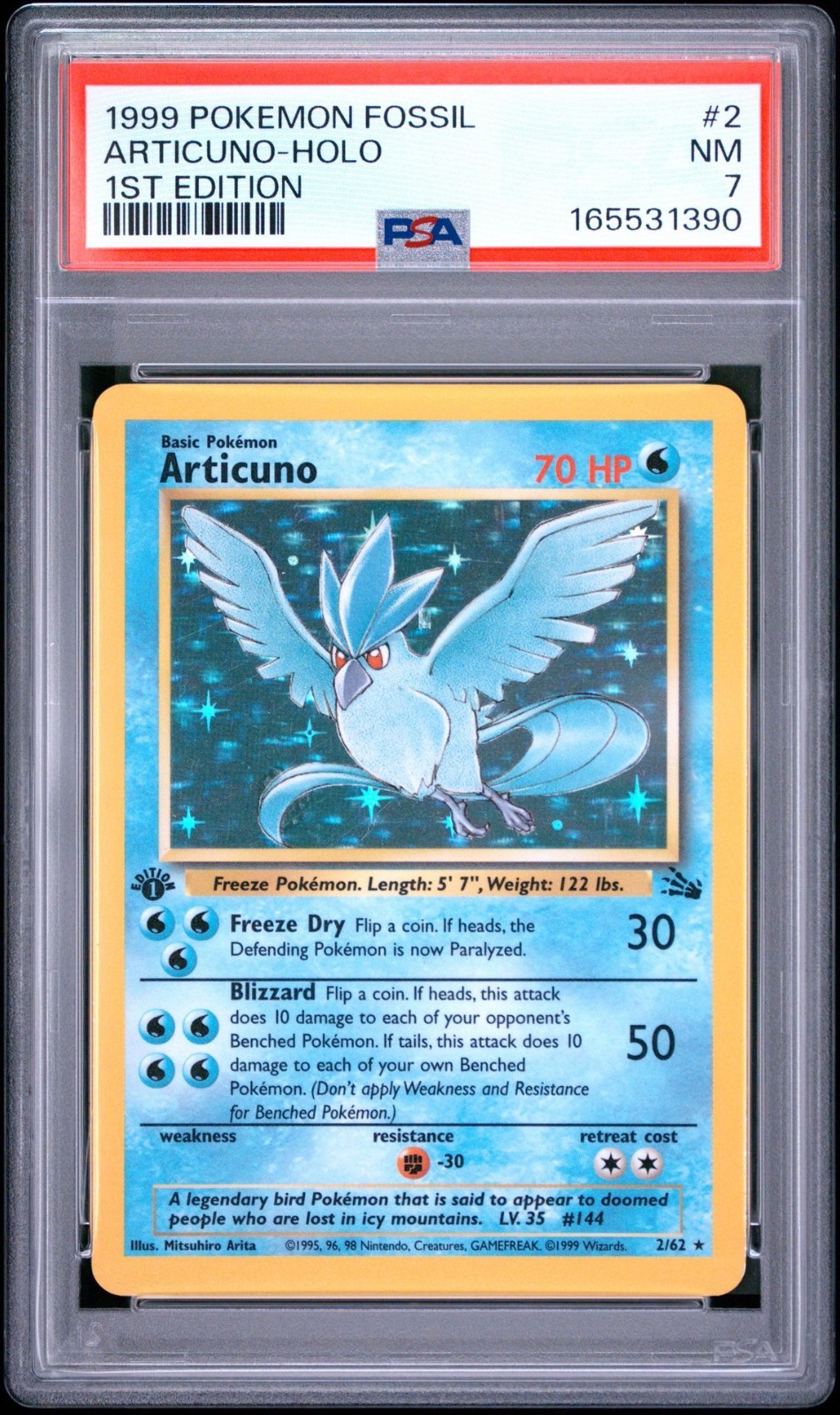 1999 Pokémon Fossil 1st Edition- Articuno 2/62 Holo Rare- PSA 7 New Cert