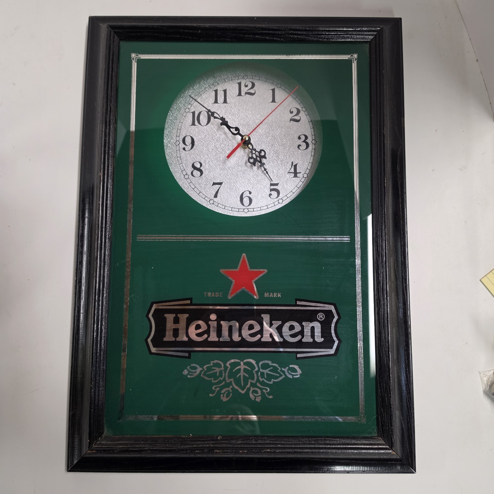 Vintage Heineken Beer Clock Mirror Dark Wood Gold Trim Tested 22 X 16 Vintage Heineken Beer Clock Mirror Dark Wood Gold Trim Tested 22 X 16