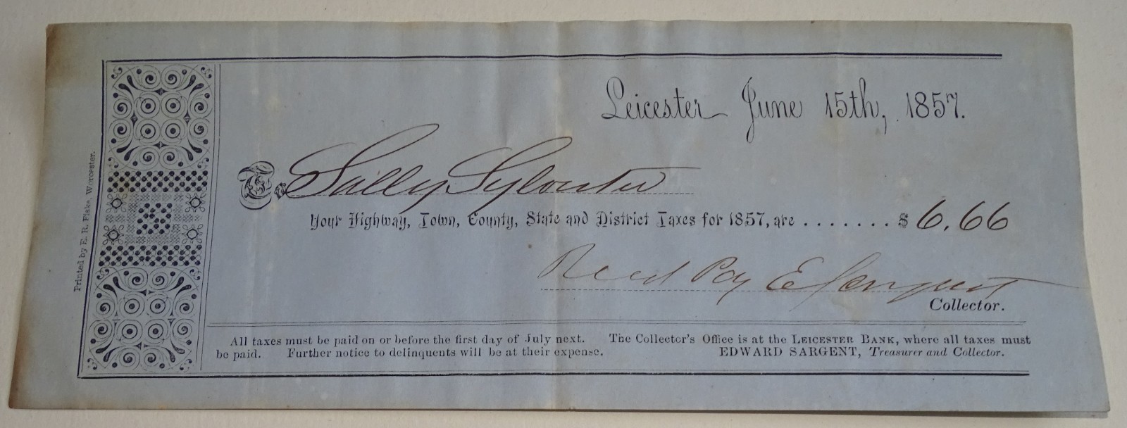 1857 Leicester Massachusetts Tax Receipt (like Bank Check) 1857 Leicester Massachusetts Tax Receipt (like Bank Check)