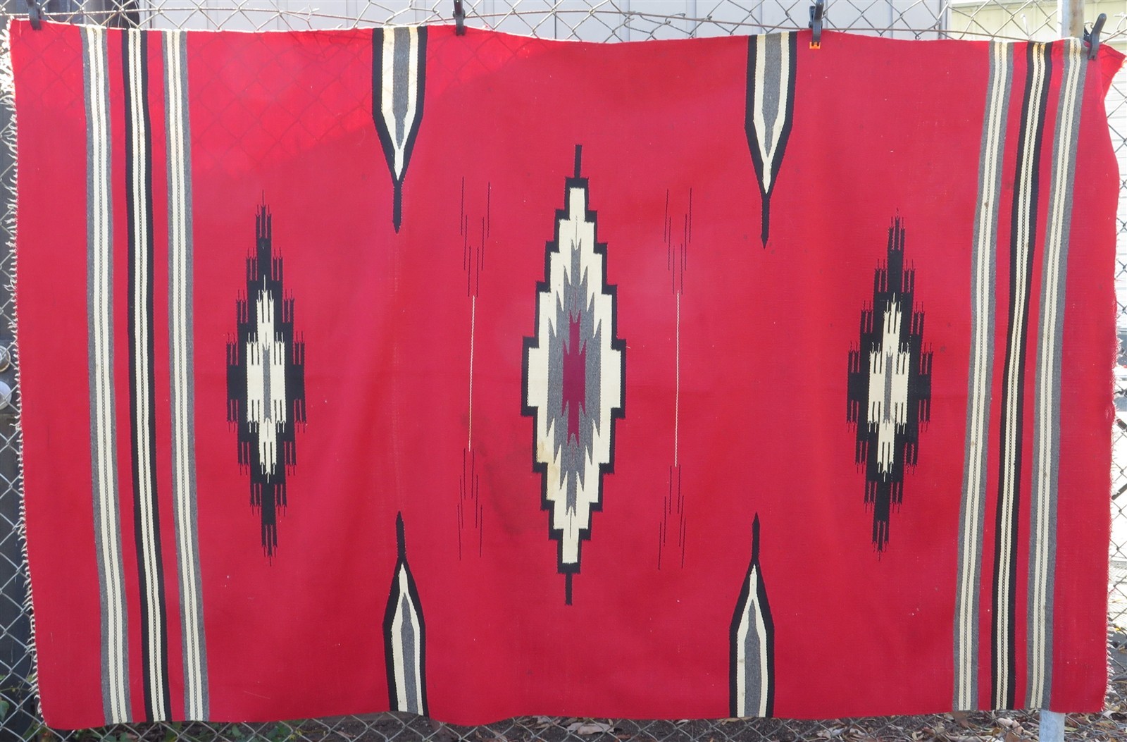 Vintage Hand Woven Large Chimayo Wool Blanket in Red, White & Black 86" x 53"