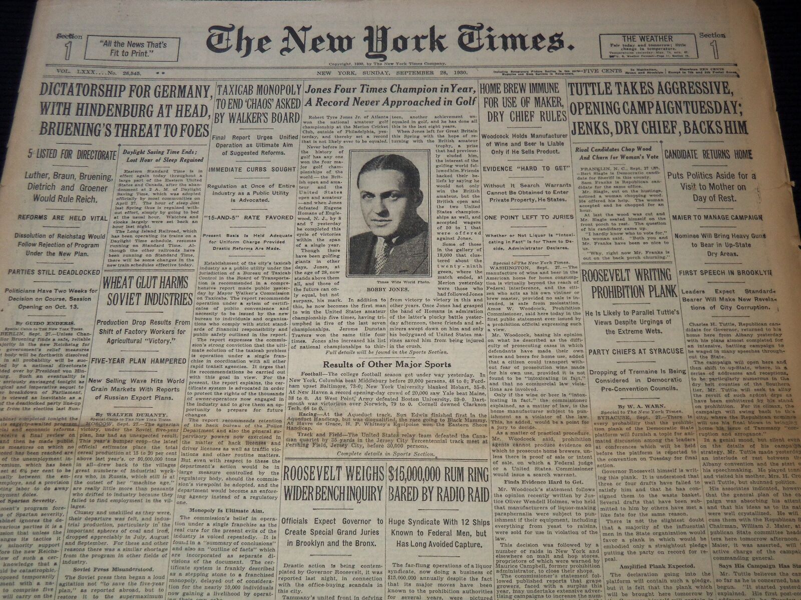 1930 SEPTEMBER 28 NEW YORK TIMES NEWSPAPER - JONES FOUR TIMES CHAMPION - NT 9437