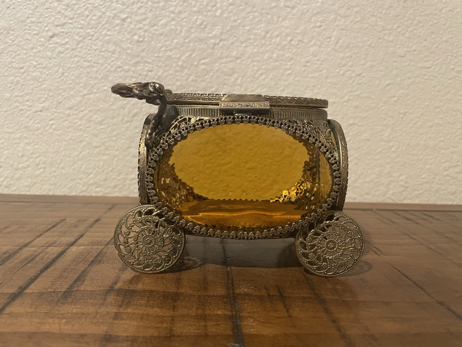 Vintage Ormolu Filigree Royal Carriage Jewelry Casket 1950’s Amber Beveled Glass Vintage Ormolu Filigree Royal Carriage Jewelry Casket 1950’s Amber Beveled Glass