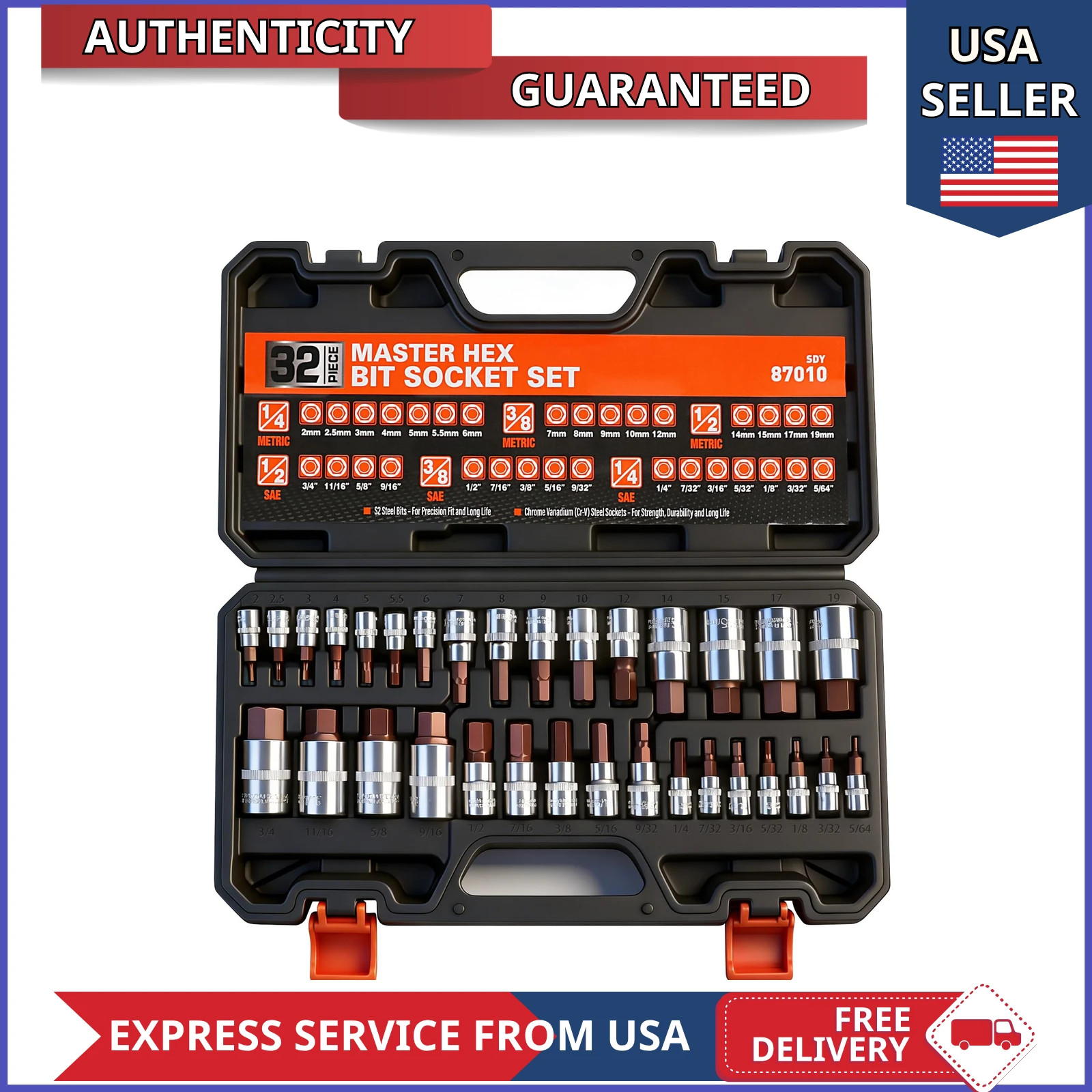 32-Piece Hex Bit Socket Set SAE Metric S2 Steel 1/4 3/8 1/2 Drive Automotive 32-Piece Hex Bit Socket Set SAE Metric S2 Steel 1/4 3/8 1/2 Drive Automotive