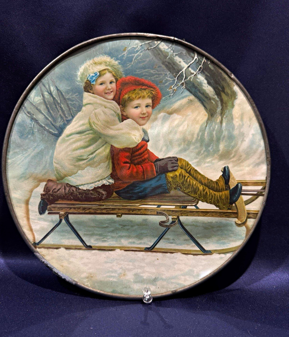 Colorful Antique German 9.5" Flue Cover W Litho Two Children on a Sled in Snow Colorful Antique German 9.5" Flue Cover W Litho Two Children on a Sled in Snow
