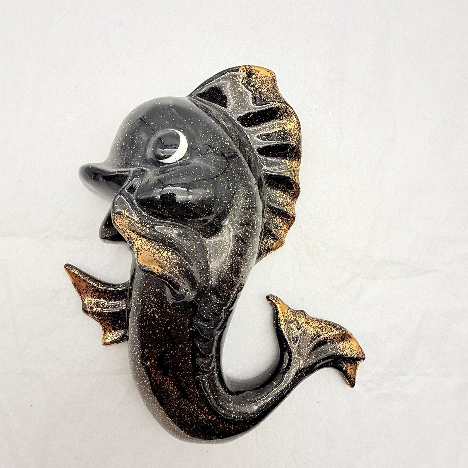 Fish Wall Pocket Black Gold Ceramic Anthropomorphic Vintage Kitsch Fish Wall Pocket Black Gold Ceramic Anthropomorphic Vintage Kitsch