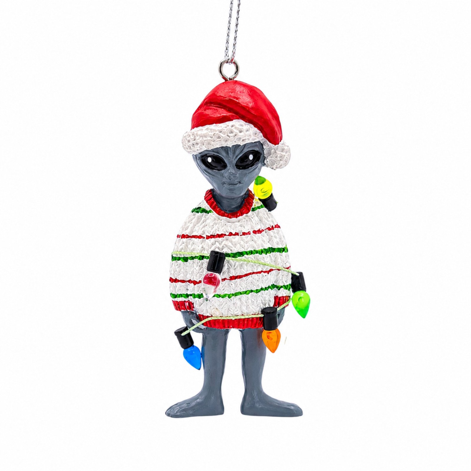 Gray Alien in Ugly Christmas Sweater Party Wrapped in Lights Santa Ornament Gray Alien in Ugly Christmas Sweater Party Wrapped in Lights Santa Ornament