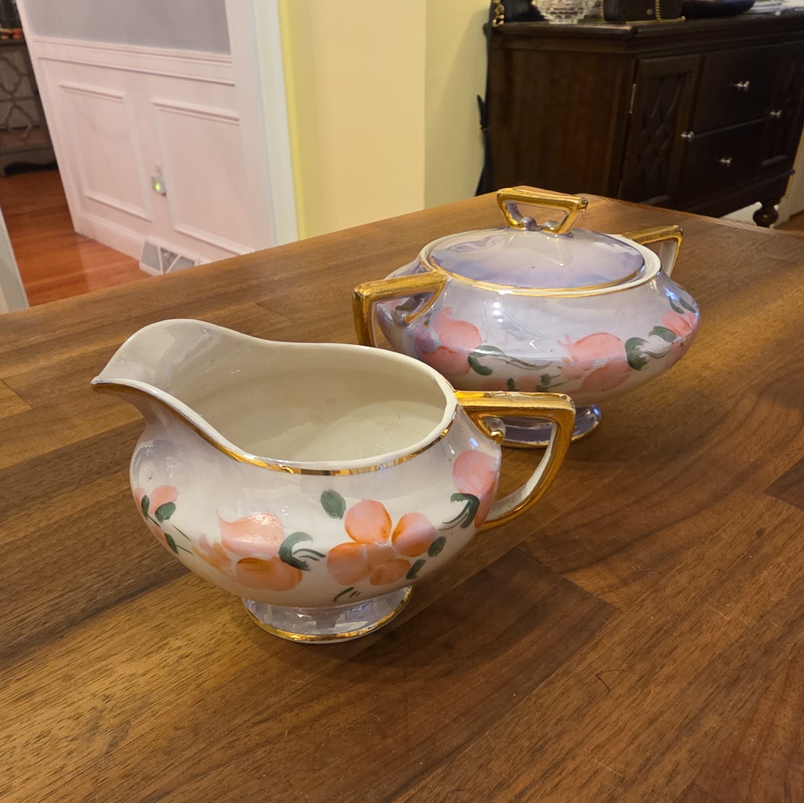 Vintage Sebring Ohio Pottery Covered Sugar Bowl and Creamer, Painted Pink Floral Vintage Sebring Ohio Pottery Covered Sugar Bowl and Creamer, Painted Pink Floral