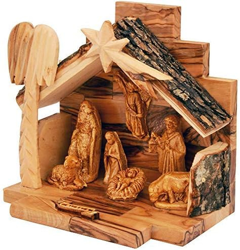 Olive Wood Nativity Set with Figurines – Natural Bark Roof Stable – Handmade Chr
