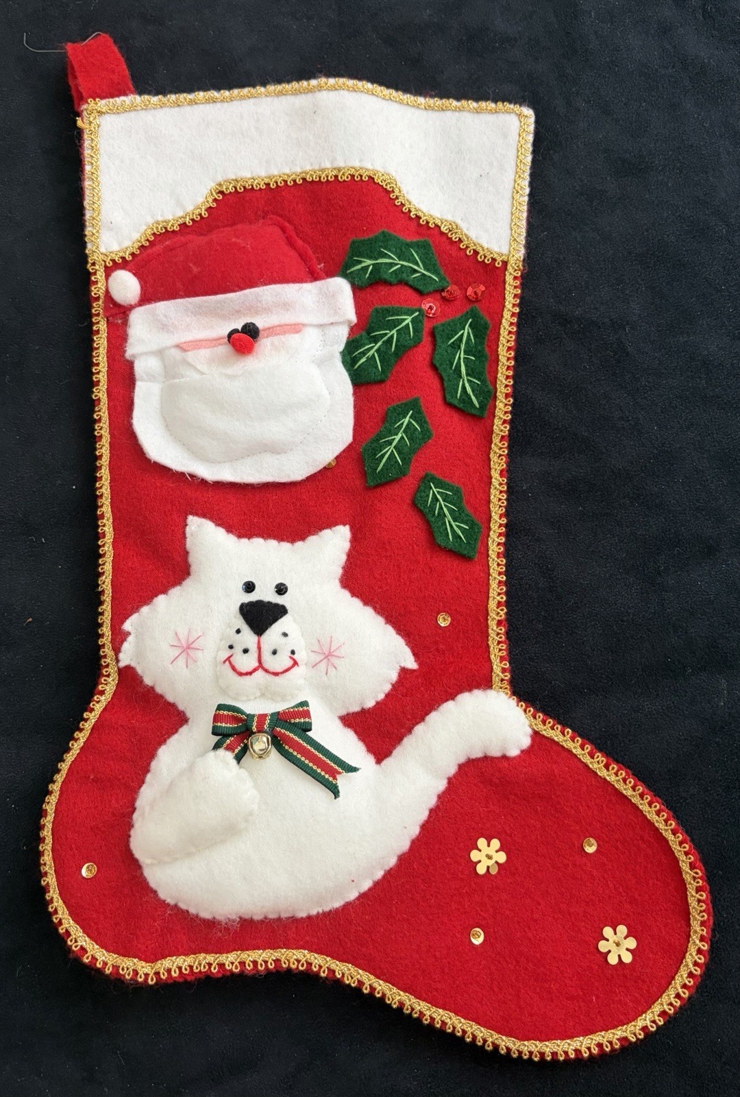 Vintage Felt Sequin Christmas Stocking Holiday Santa Cat 3D Handmade 15” Vintage Felt Sequin Christmas Stocking Holiday Santa Cat 3D Handmade 15”