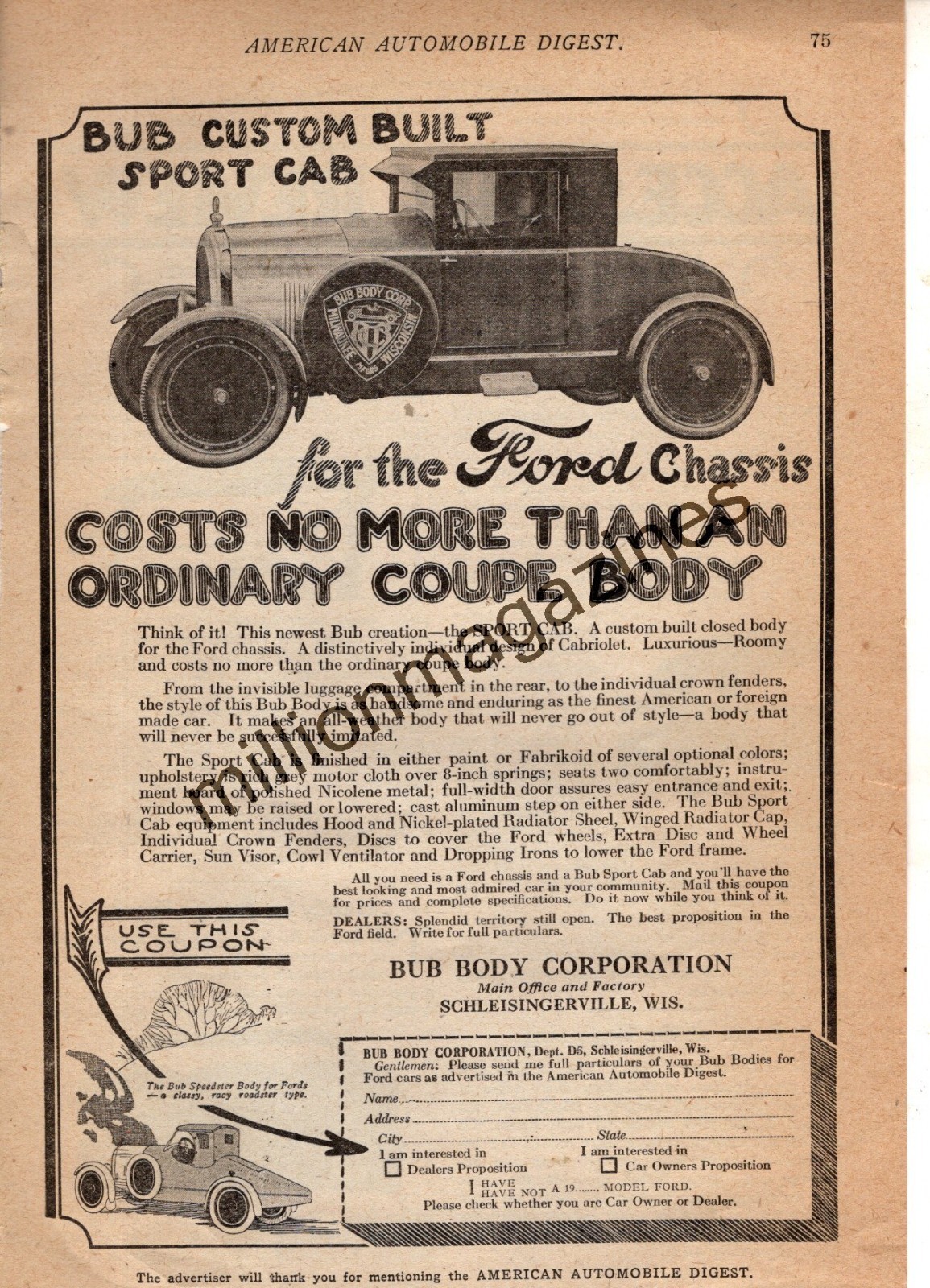 1922 Ford Model T Original ad for Bub Sport Cab bodies - Schleisingerville WI 1922 Ford Model T Original ad for Bub Sport Cab bodies - Schleisingerville WI