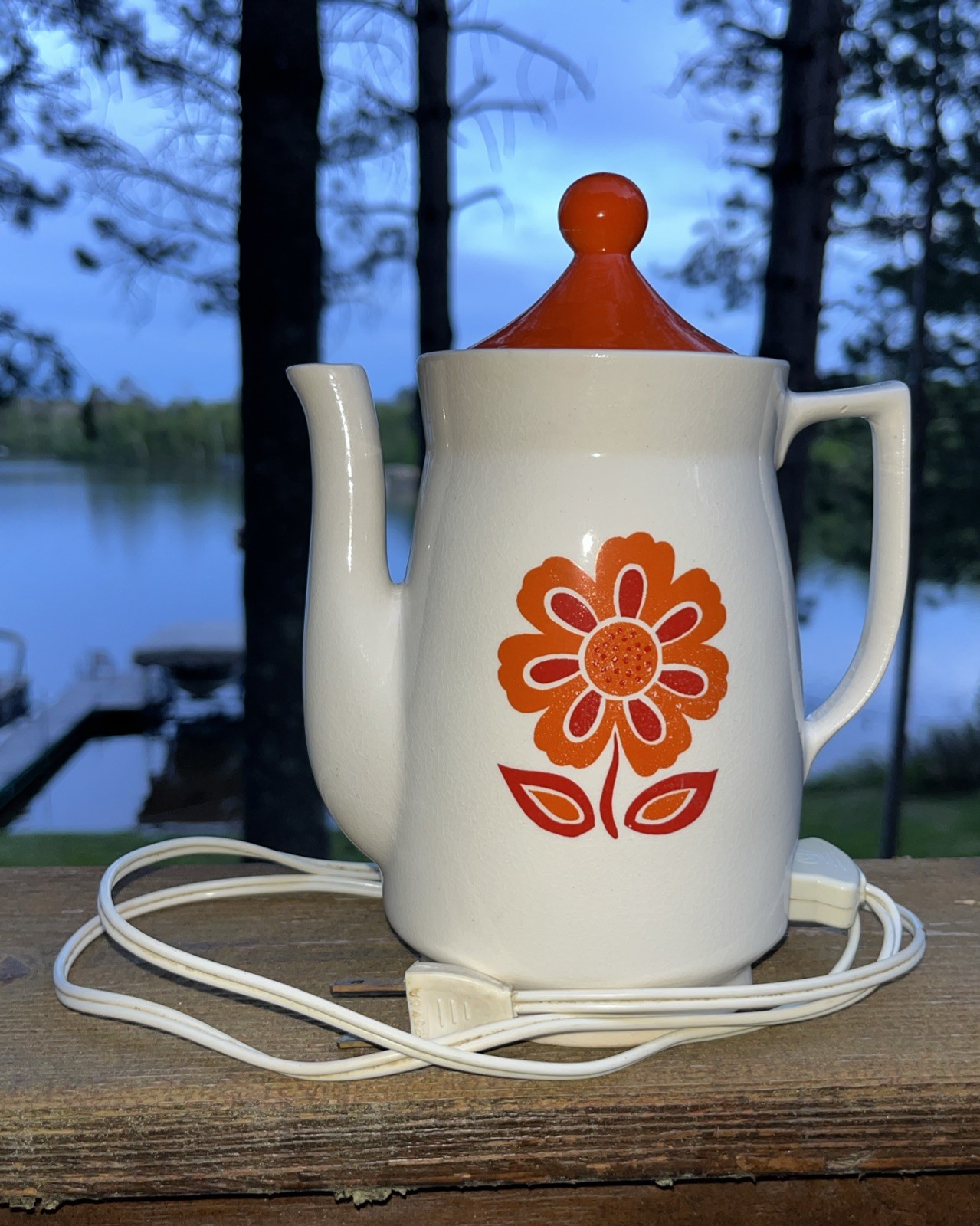 Vtg Floral Electric Tea Kettle Made In Japan Tested & Working Orange Red White Vtg Floral Electric Tea Kettle Made In Japan Tested & Working Orange Red White