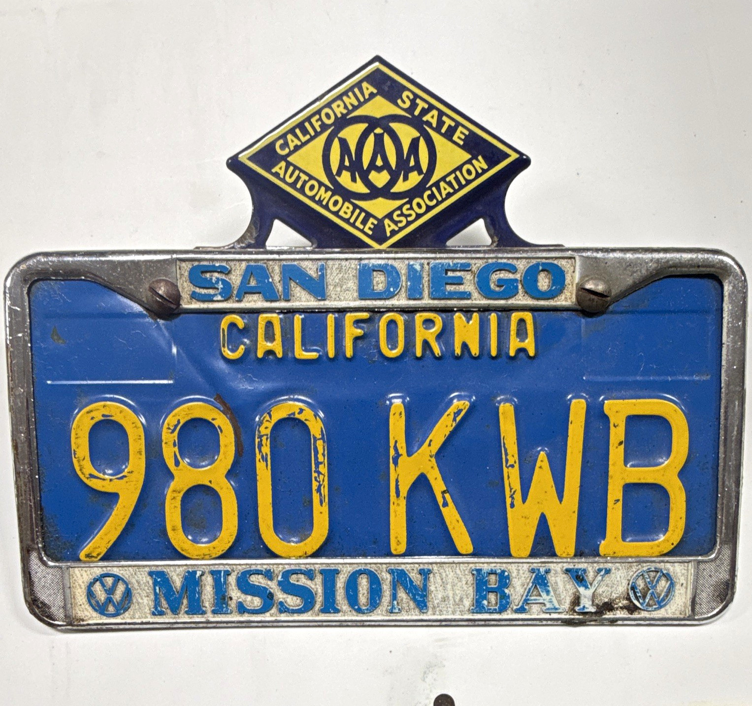 California License Plate 980 KWB w/ San Diego Mission Bay Frame & AAA Topper California License Plate 980 KWB w/ San Diego Mission Bay Frame & AAA Topper