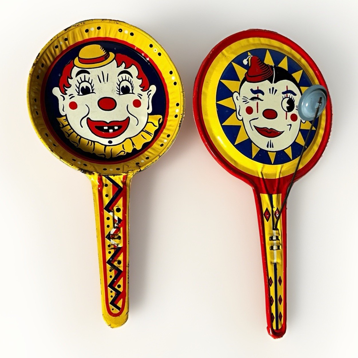 Vintage Kirchhof Tin Litho Clown Noisemakers Pair Carnival Noise Makers USA Vintage Kirchhof Tin Litho Clown Noisemakers Pair Carnival Noise Makers USA