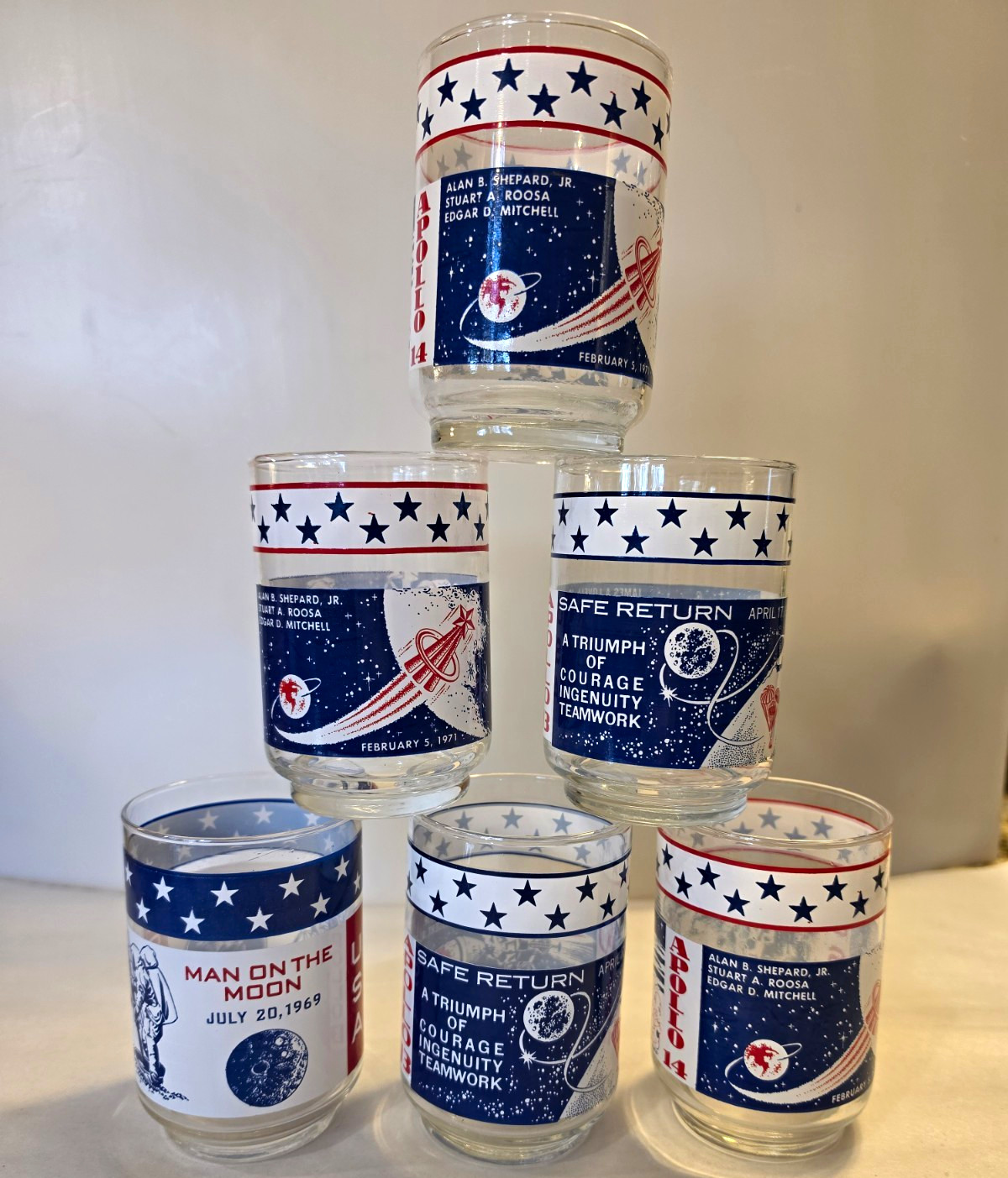 Vintage 1969-1971 Apollo Glass Tumblers Set of 6 Lot Apollo 11 13 14
