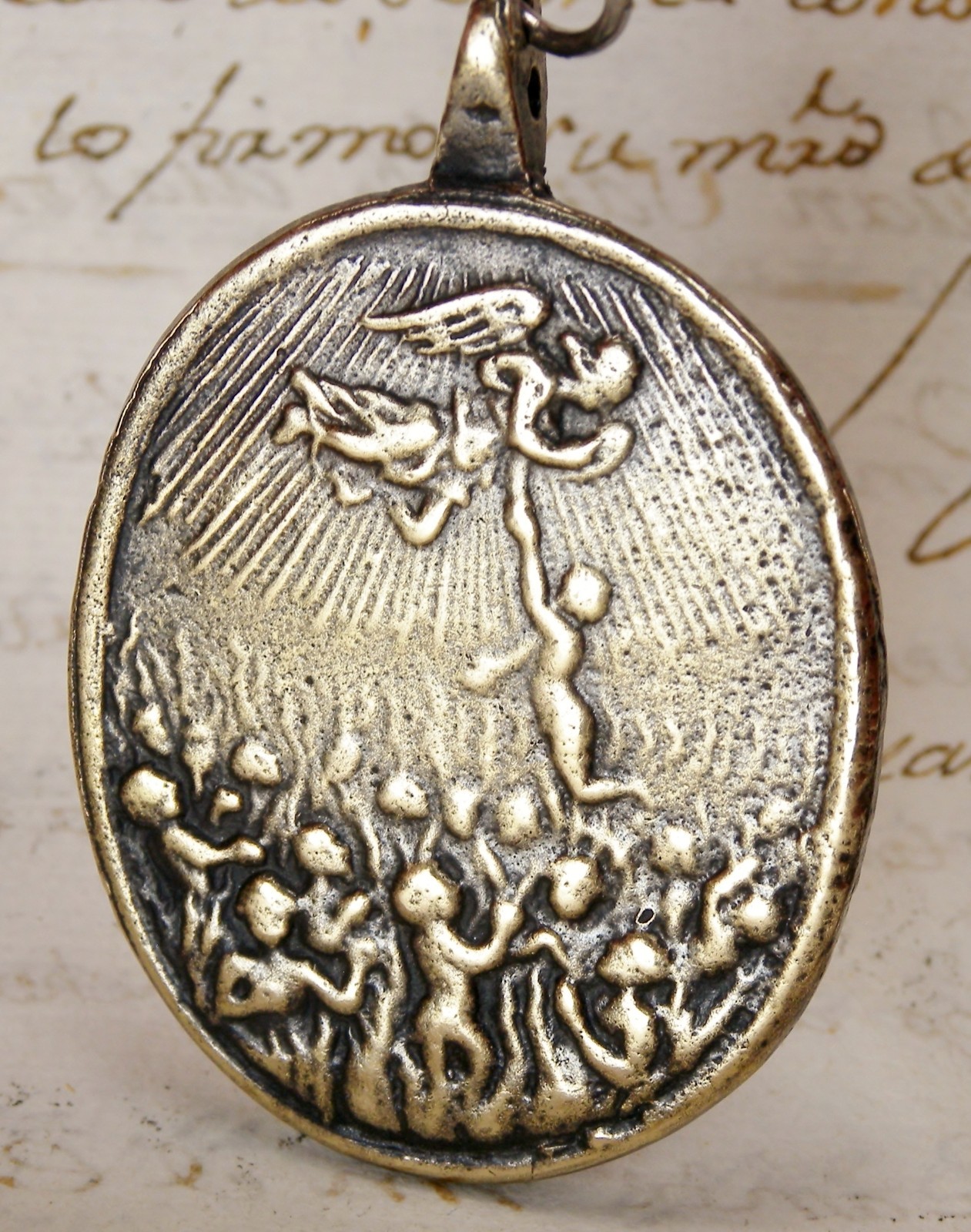 ANTIQUE 17TH CENTURY ANGEL GABRIEL SAVING PURGATORY SOULS FRANCIS BORGIA MEDAL ANTIQUE 17TH CENTURY ANGEL GABRIEL SAVING PURGATORY SOULS FRANCIS BORGIA MEDAL