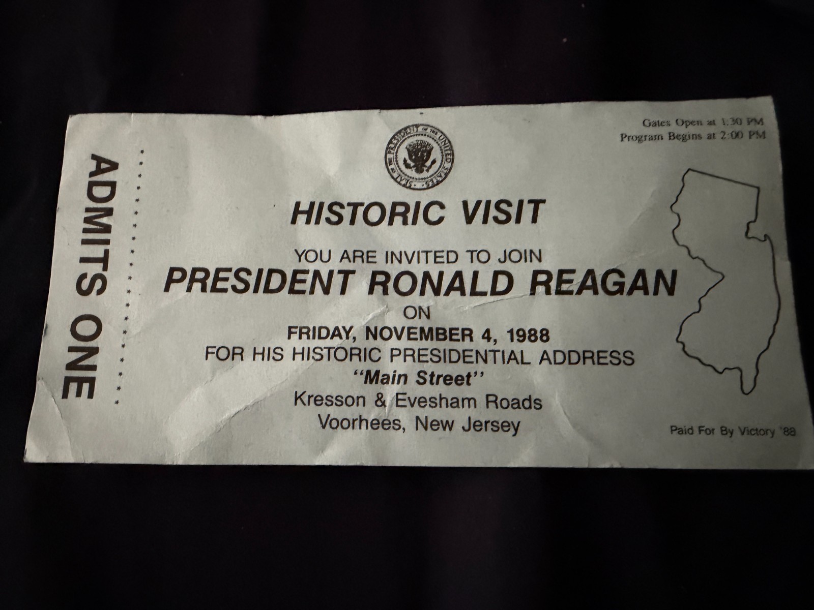President Ronald Reagan Historic Visit ticket - Voorhees, NJ - November 1988 President Ronald Reagan Historic Visit ticket - Voorhees, NJ - November 1988