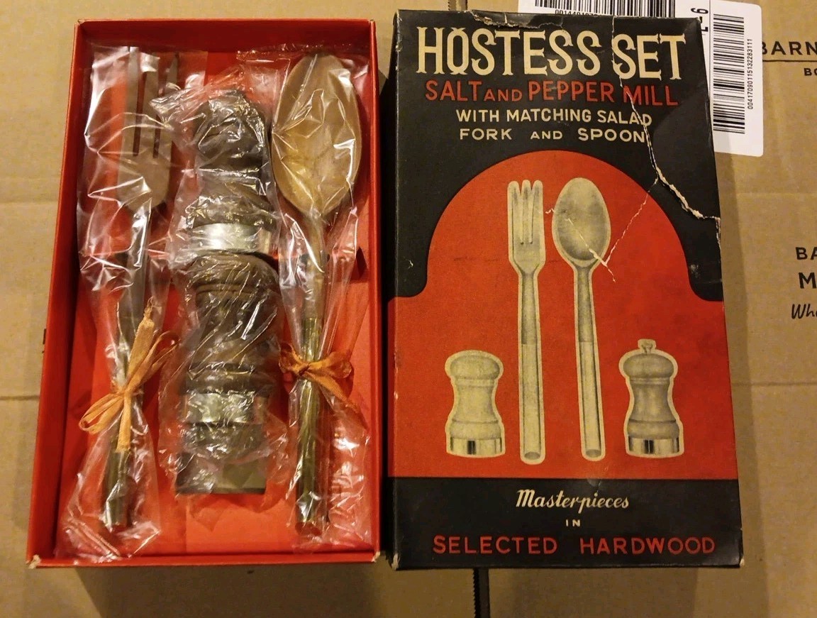 New Old c.1950s Japan Salt & Pepper Mill Hardwood Set w/ Fork Spoon Brand New New Old c.1950s Japan Salt & Pepper Mill Hardwood Set w/ Fork Spoon Brand New
