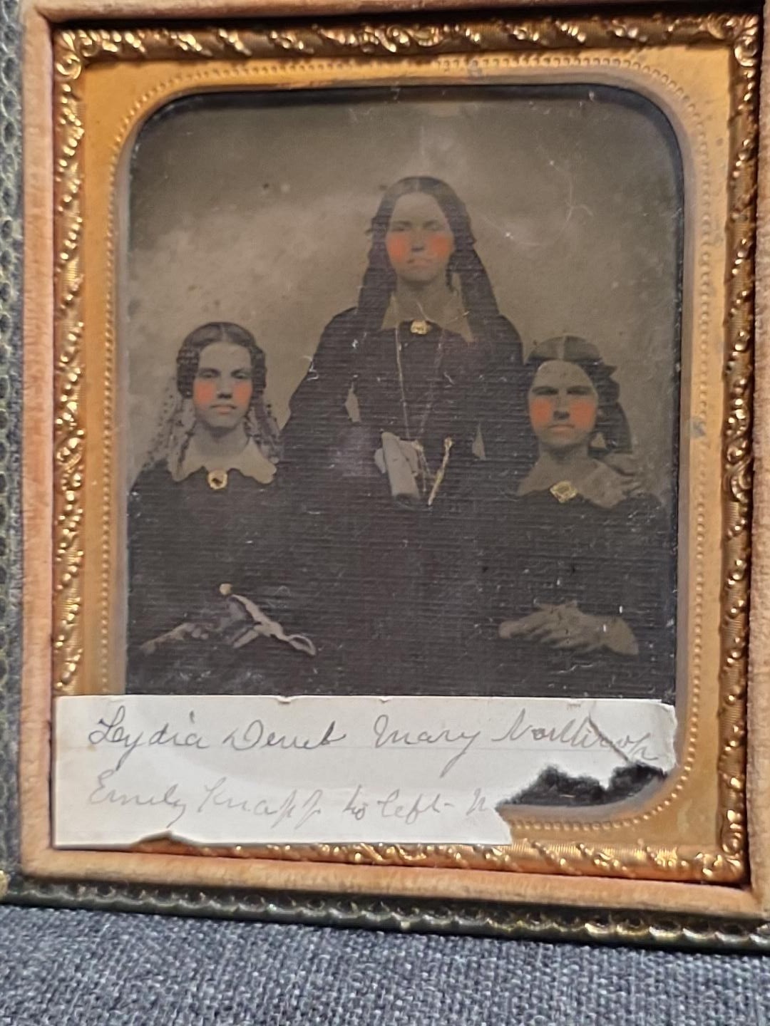 Antique Cased Ambrotype 3 Young Women Hand Tinted Gold Jewelry ID Label 4x3.5 Antique Cased Ambrotype 3 Young Women Hand Tinted Gold Jewelry ID Label 4x3.5