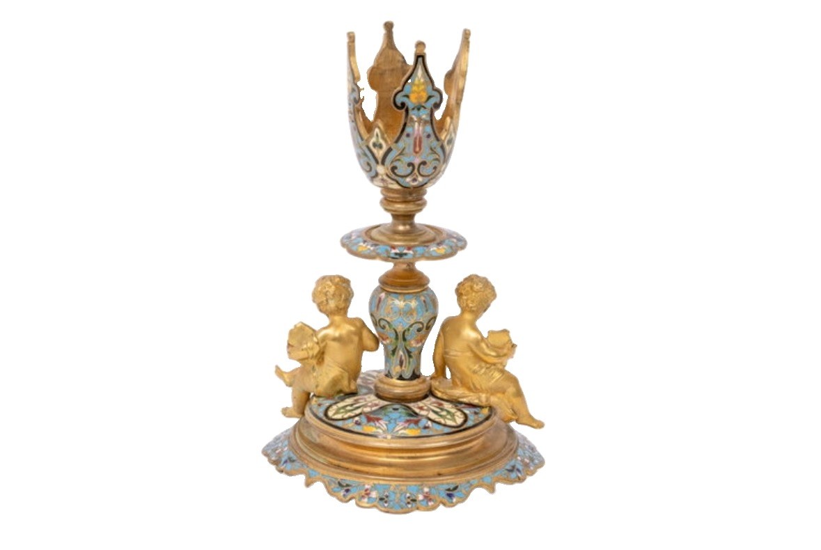 19th C. French Napoleon Period Giltbronze Cloisonné or Champlevé Candle Holder 19th C. French Napoleon Period Giltbronze Cloisonné or Champlevé Candle Holder
