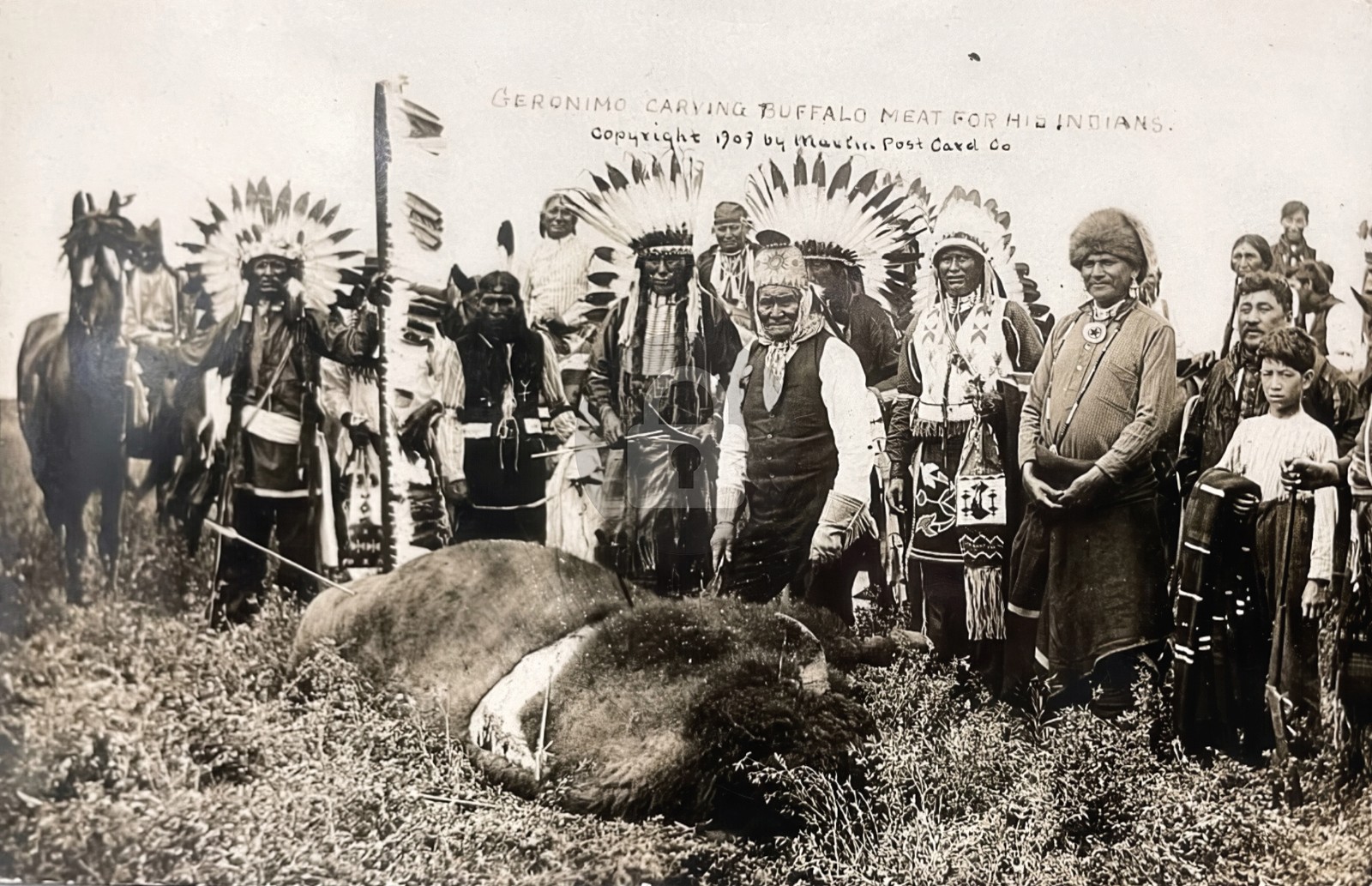 Geronimo Carving Buffalo Meat for his Indians 1909 RPPC Photo Postcard COPY