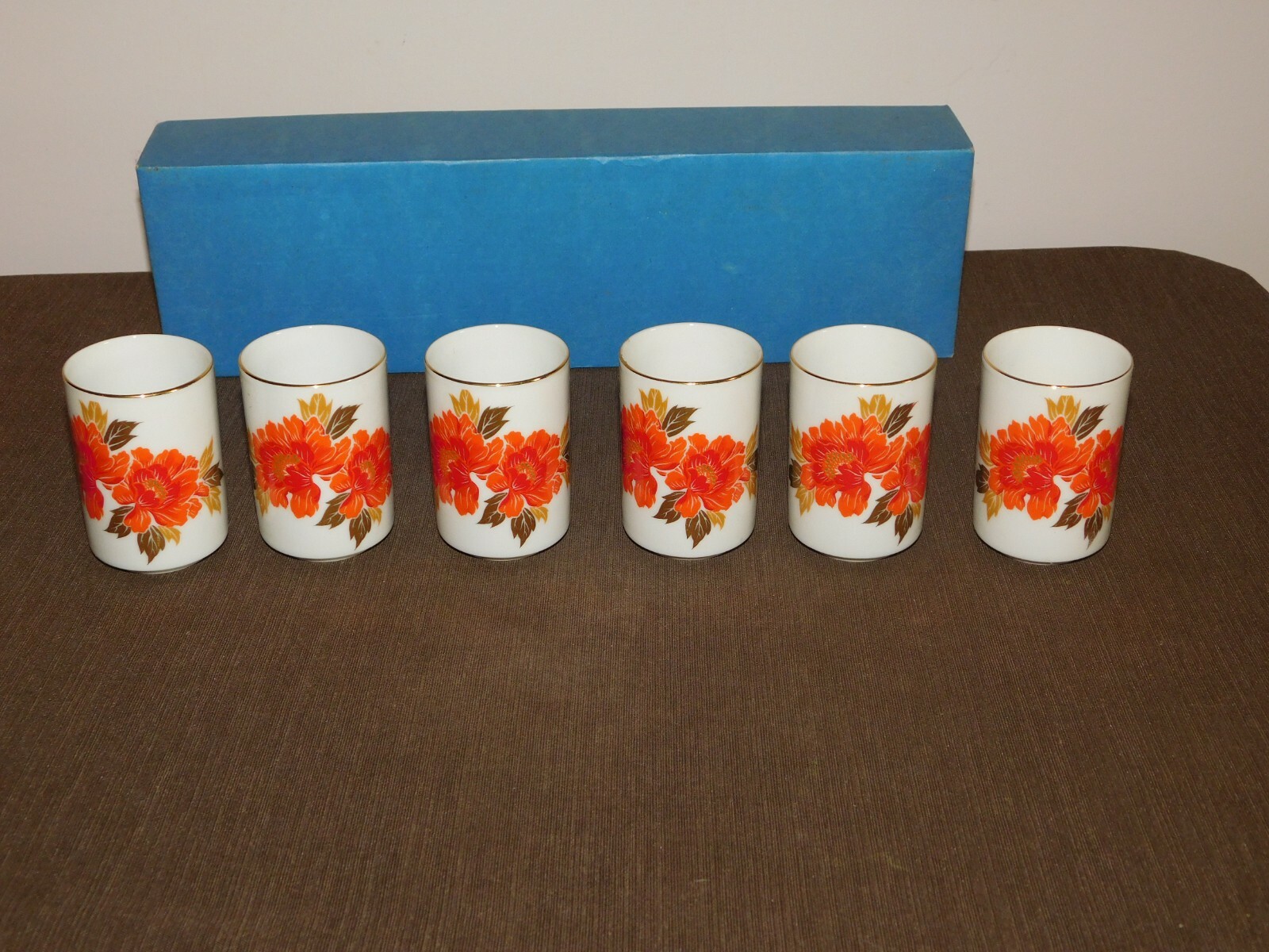 VINTAGE KITCHEN 6 OMC OTAGIRI JAPAN 3 1/2" ORANGE FLOWER CERAMIC CUPS NEW IN BOX