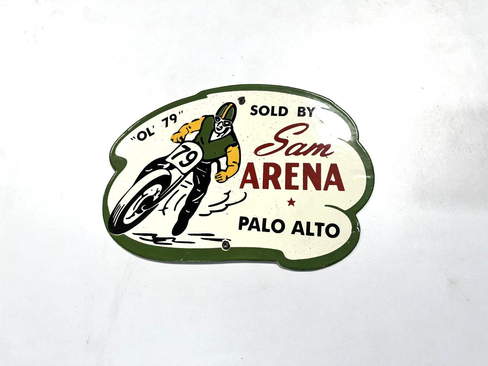Porcelain Sam Arena Palo Alto Vintage Enamel Sign Motorcycle Racing Ol 79 10x7