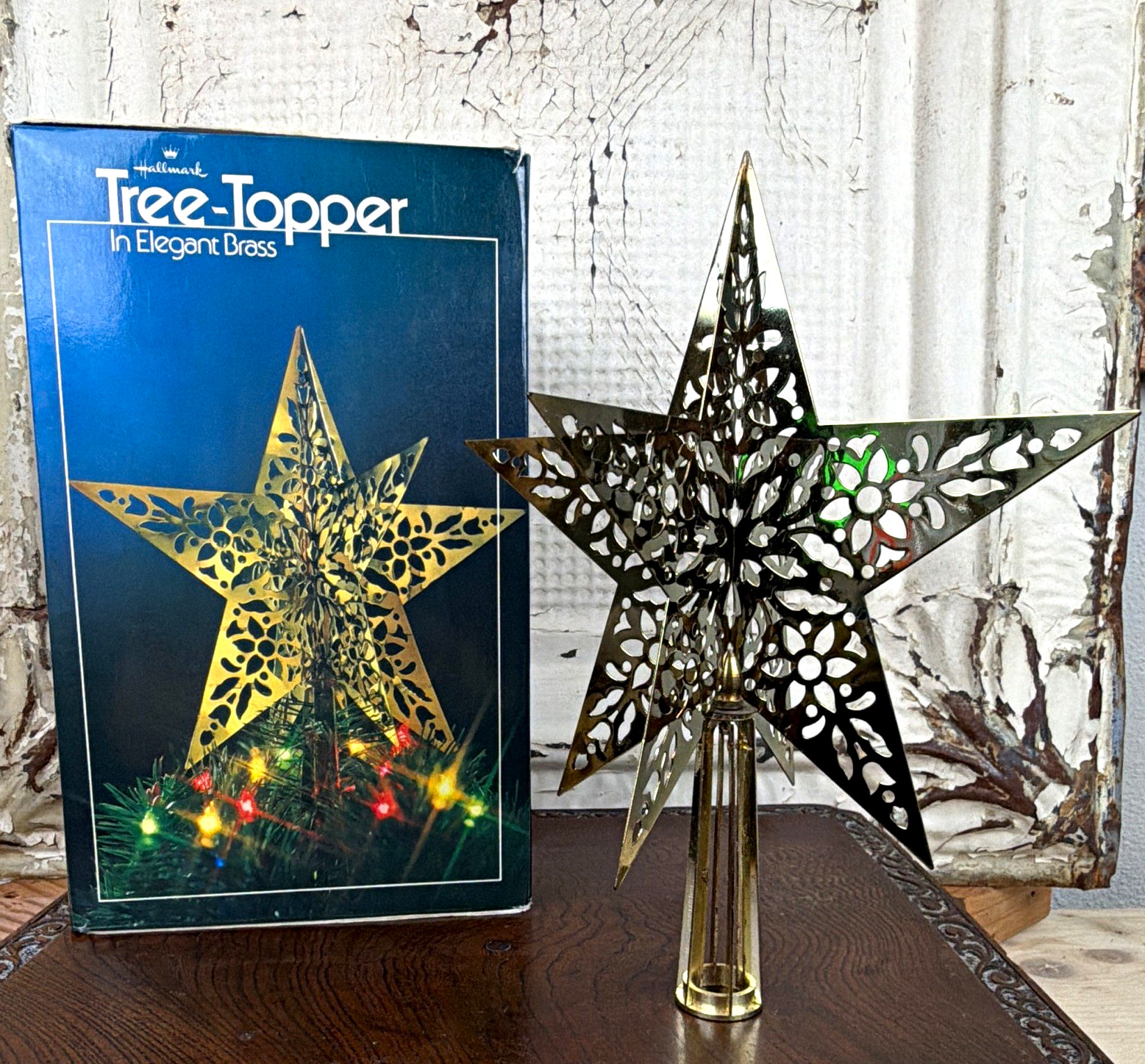 Vintage Hallmark Elegant Brass Tree Topper 1980 9 inch Christmas Original Box