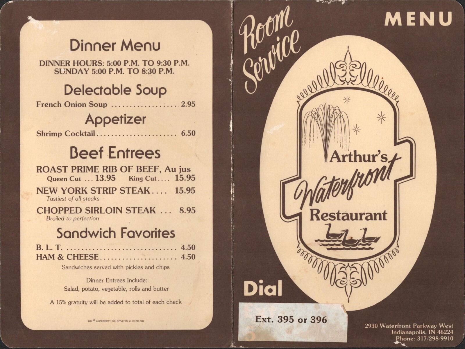 1980s ARTHUR'S WATERFRONT RESTAURANT Midway Motor Lodge dining menu INDIANAPOLIS 1980s ARTHUR'S WATERFRONT RESTAURANT Midway Motor Lodge dining menu INDIANAPOLIS