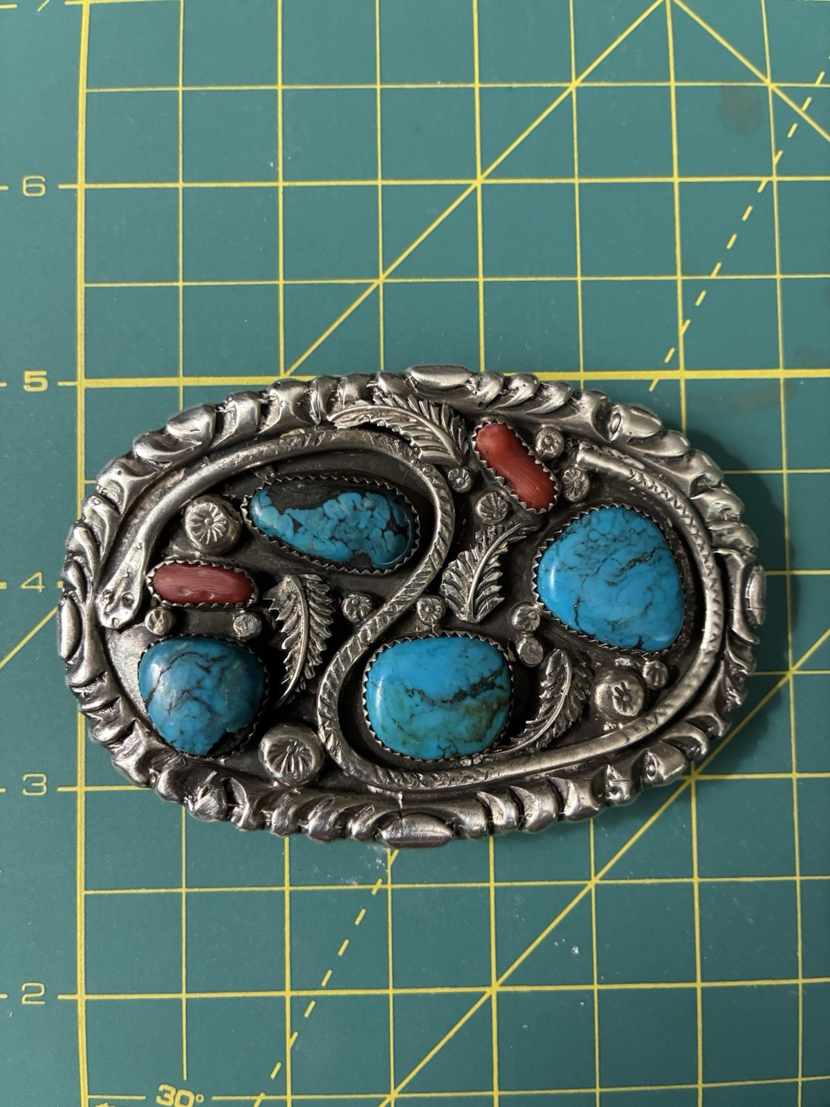 Unique Vintage Bold Design Sterling Navajo Snake Belt Buckle Turquoise/Coral