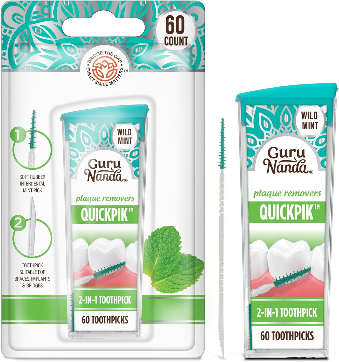 GuruNanda QuickPik Interdental Toothpicks Mint Plaque Remover Travel Case 60Ct GuruNanda QuickPik Interdental Toothpicks Mint Plaque Remover Travel Case 60Ct