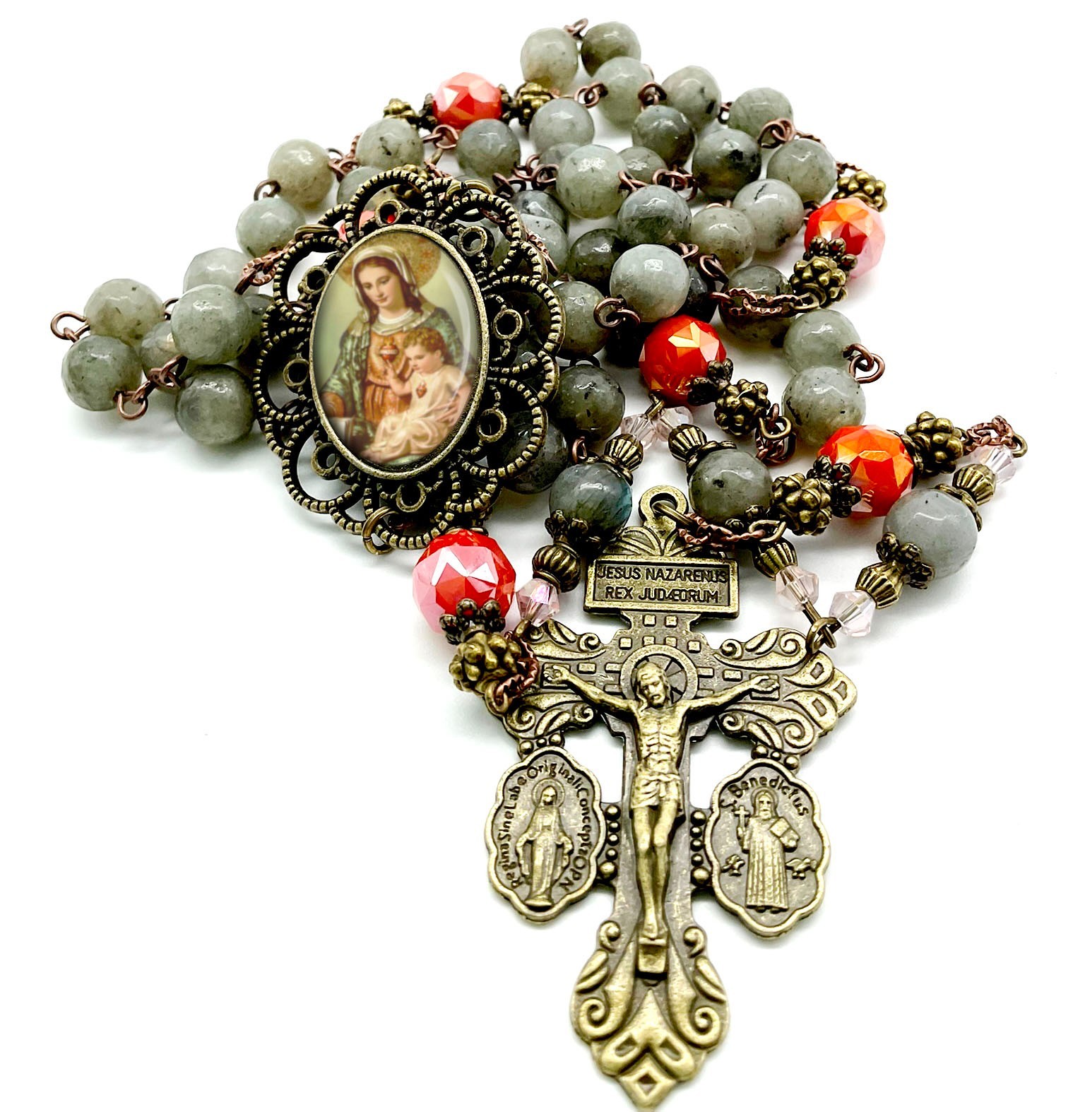 Labradorite Rosary Immaculate Heart Baby Jesus Orange Glass Beads Catholic Gift Labradorite Rosary Immaculate Heart Baby Jesus Orange Glass Beads Catholic Gift