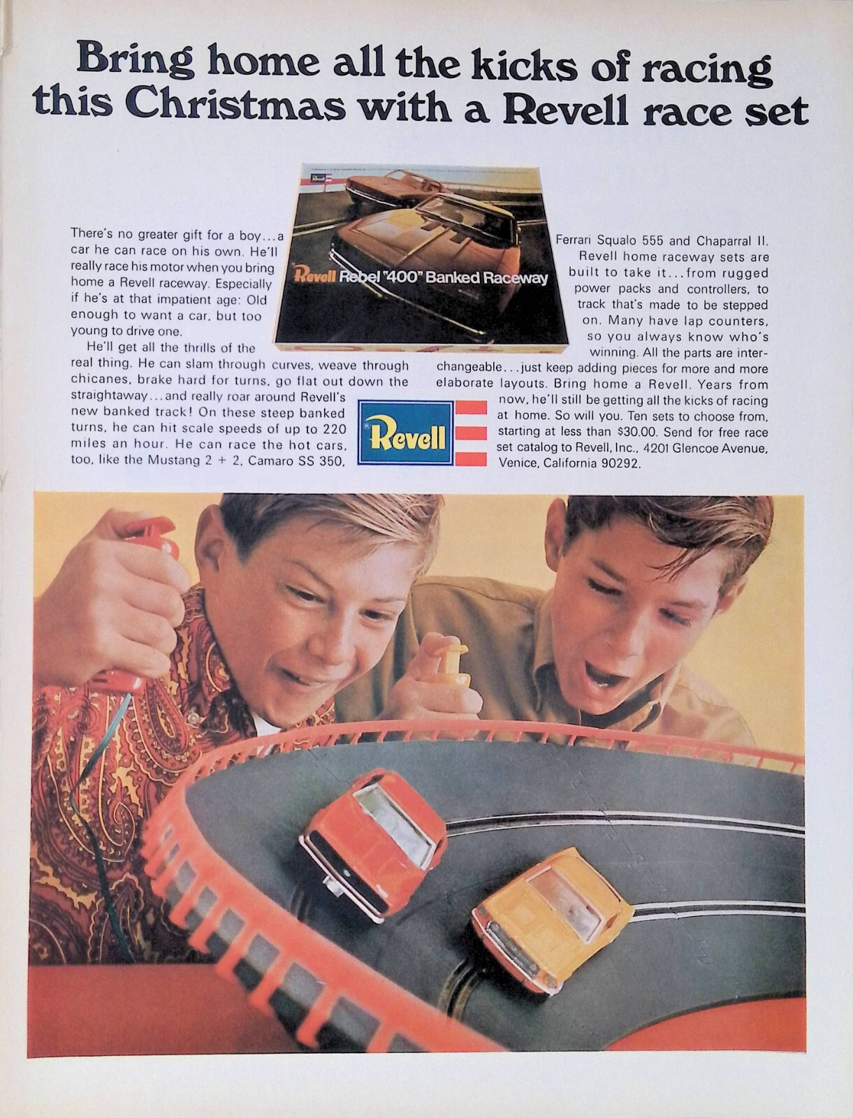 Print Ad 1960's Merry Christmas Gift Kids Revell Rebel 400 Banked Raceway Venice