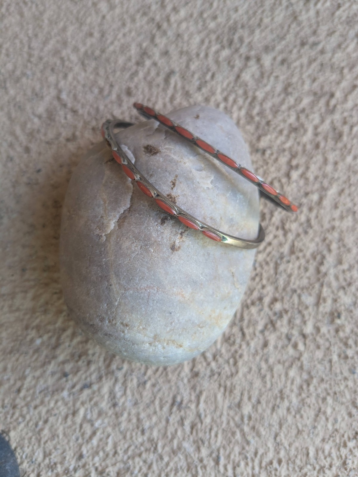 Vintage Pair Signed L.P. Westika Zuni Sterling Silver Red Coral Row Cuffs Vintage Pair Signed L.P. Westika Zuni Sterling Silver Red Coral Row Cuffs