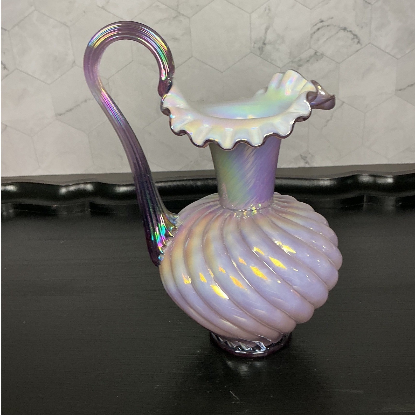 Fenton Art Glass Iridescent Purple Swirl Ewer Pitcher Vase with Ruffled Rim Fenton Art Glass Iridescent Purple Swirl Ewer Pitcher Vase with Ruffled Rim