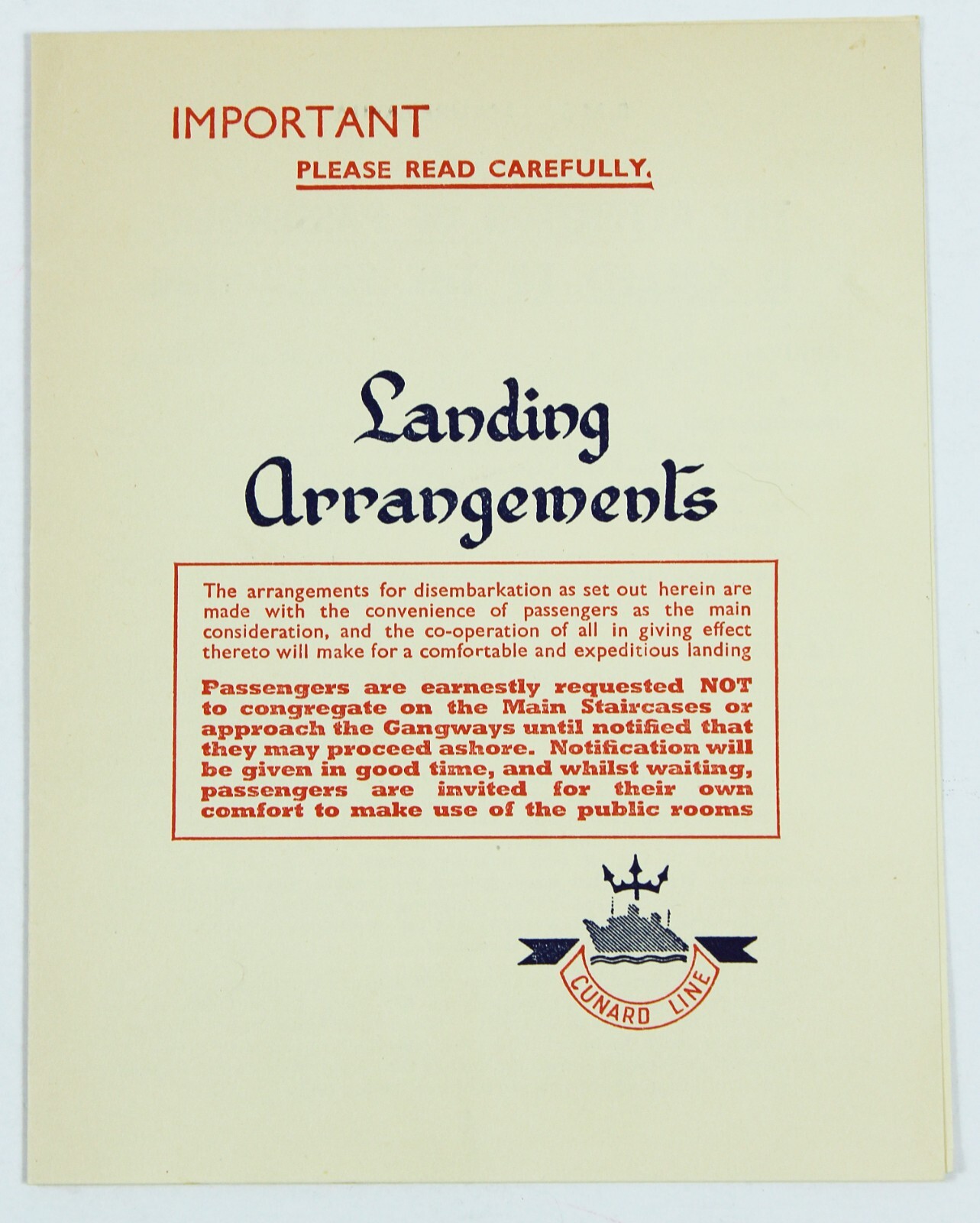 Vintage 1954 LANDING ARRANGEMENTS Cunard Line RMS Mauretania Brochure Instruct Vintage 1954 LANDING ARRANGEMENTS Cunard Line RMS Mauretania Brochure Instruct