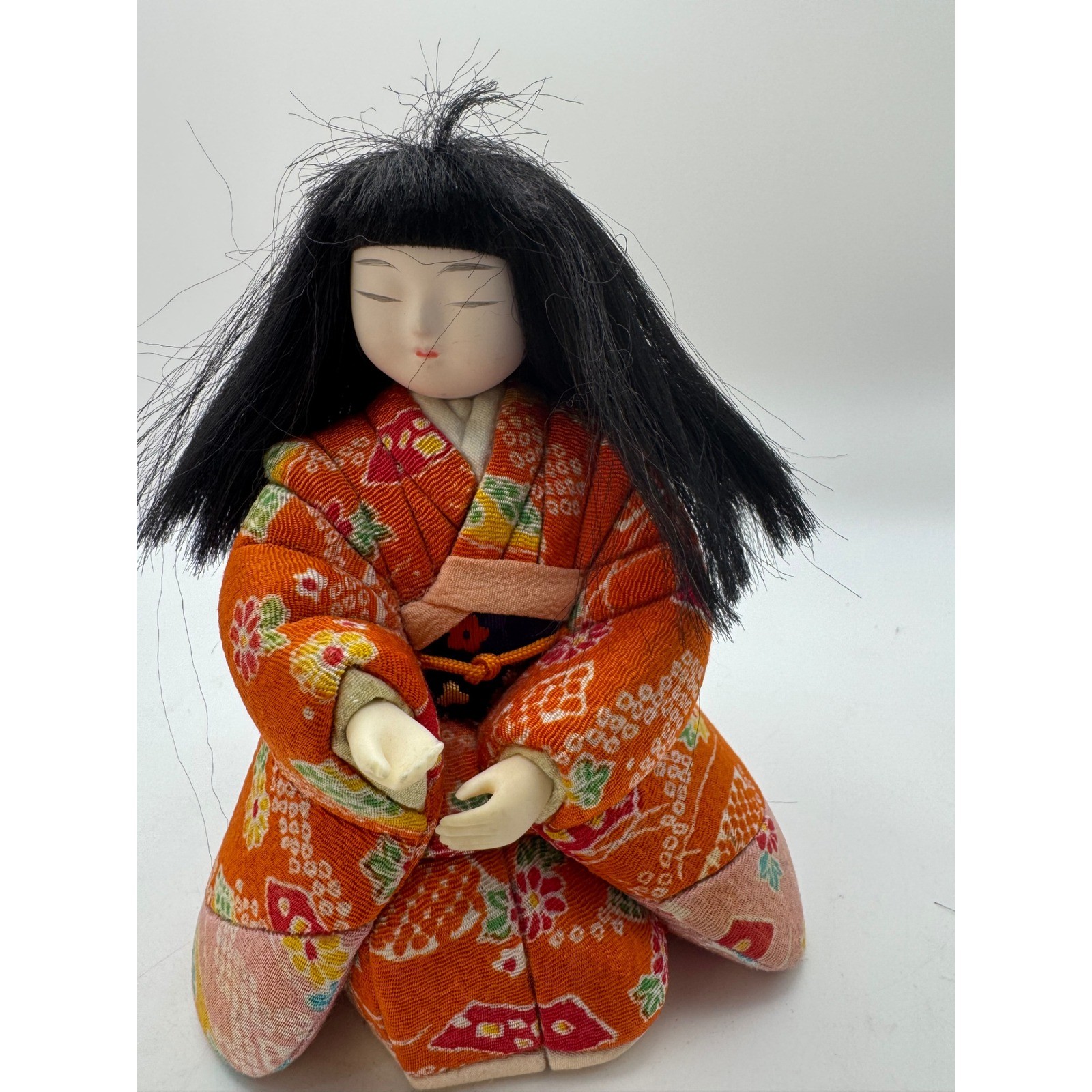 Vintage Japanese Kokeshi Doll Orange Floral Kimono Sitting