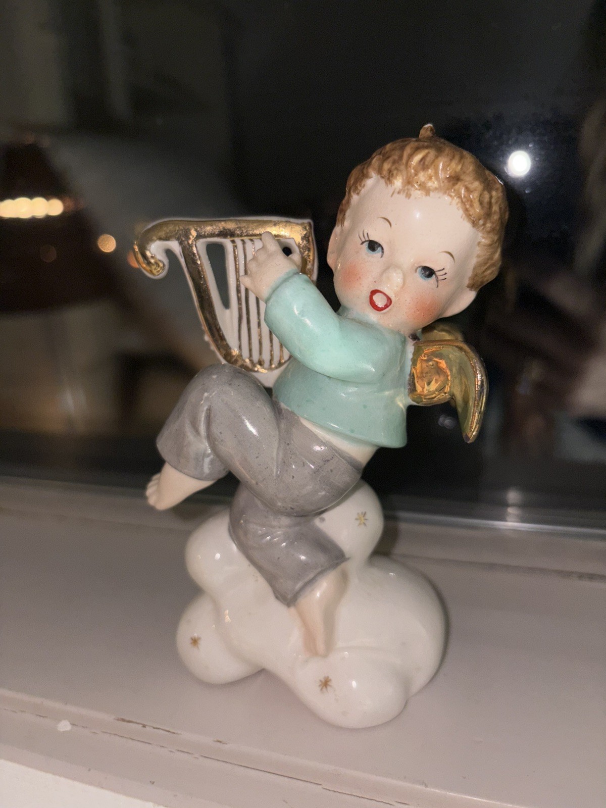 Vtg Napco Christmas Little Boy Angel Dancing on Starry Cloud W Harp Gold Wings Vtg Napco Christmas Little Boy Angel Dancing on Starry Cloud W Harp Gold Wings