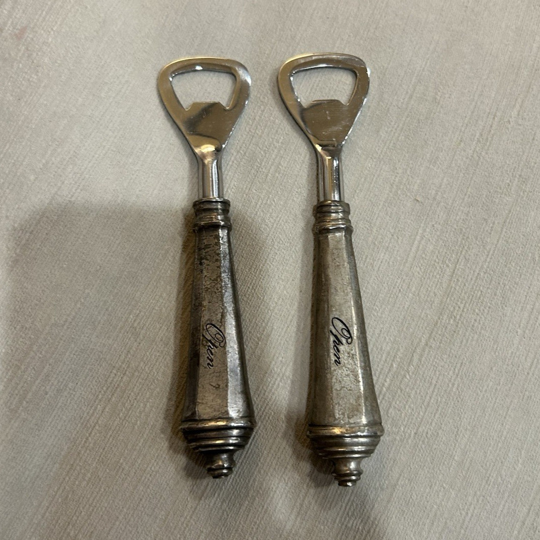 Lot of 2 Vintage Metal Beer Bottle Openers, Decorative Handles, Engraved Lot of 2 Vintage Metal Beer Bottle Openers, Decorative Handles, Engraved
