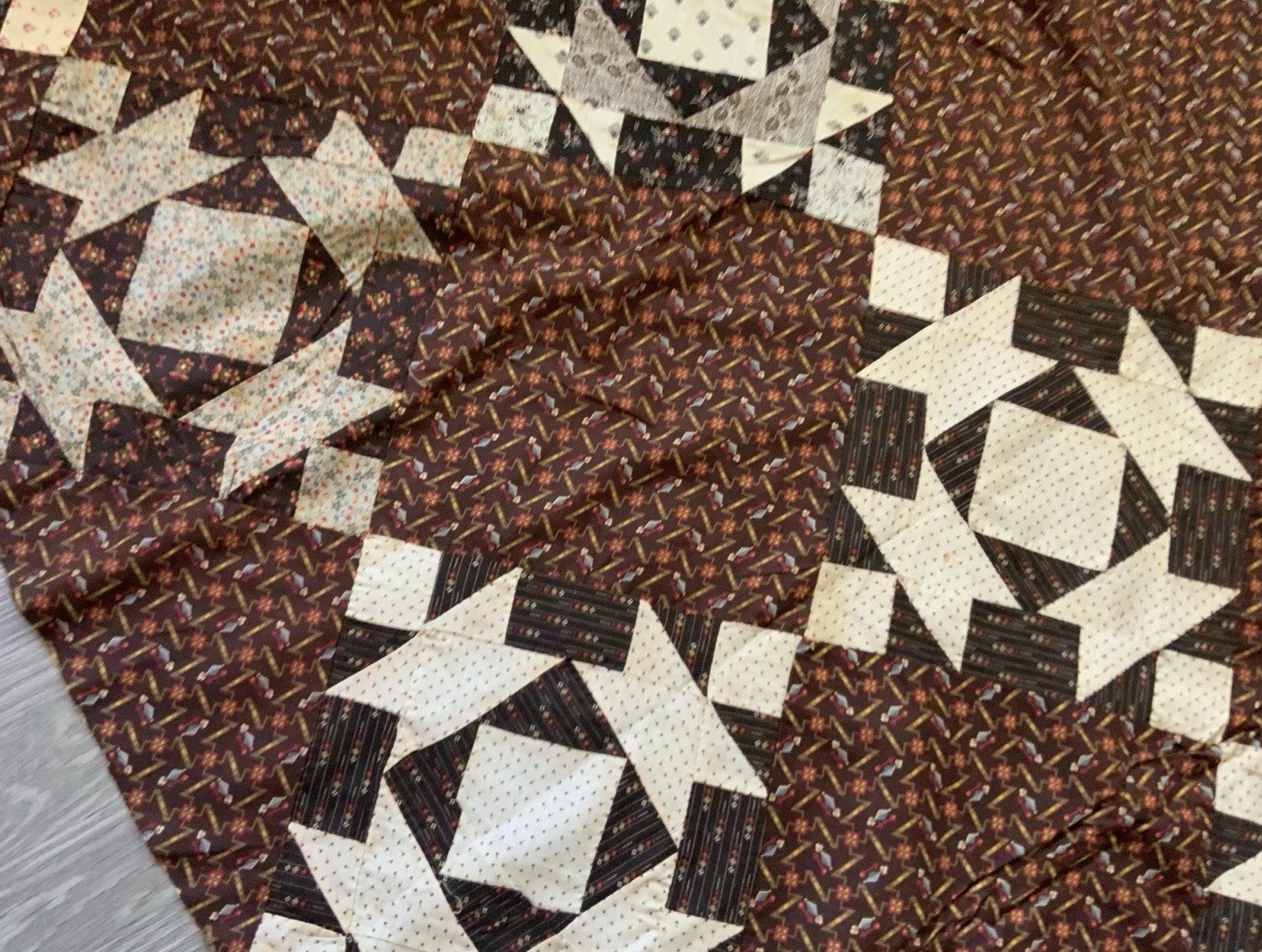 Antique Patchwork Quilt Top, Late 1800’s, Squares, Triangles, Early Brown Calico Antique Patchwork Quilt Top, Late 1800’s, Squares, Triangles, Early Brown Calico