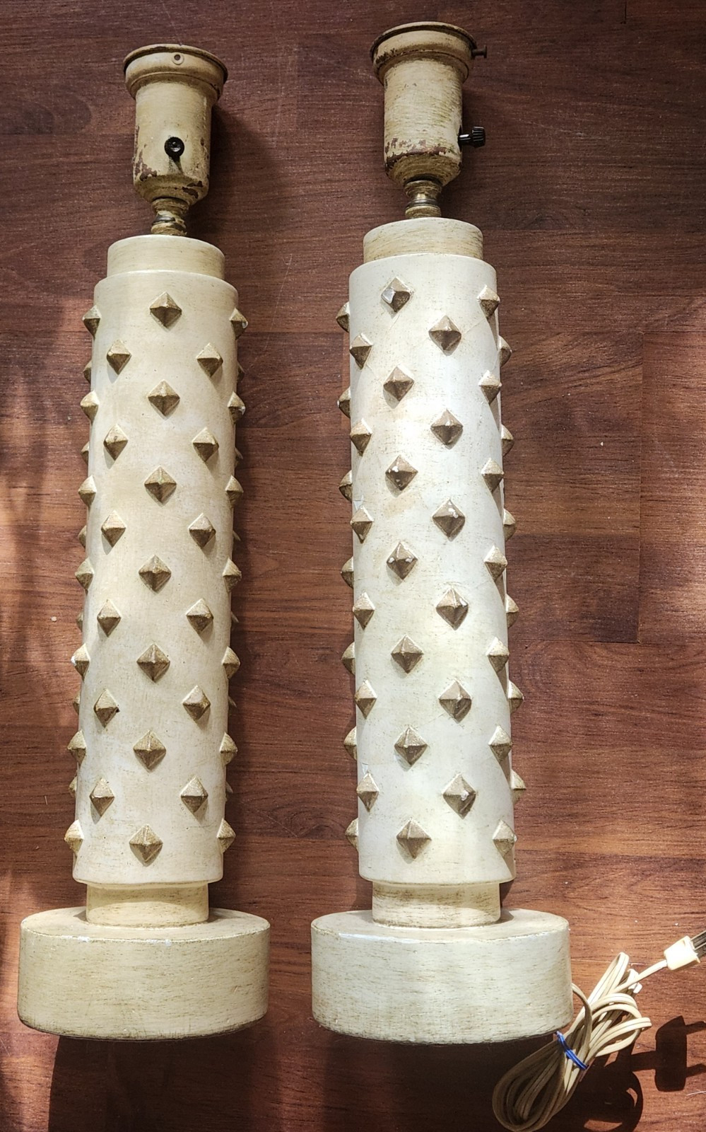 2 Vtg MCM Pillar Torch like Atomic Studded Pyramid Table Lamps 24" Cylindrical 2 Vtg MCM Pillar Torch like Atomic Studded Pyramid Table Lamps 24" Cylindrical