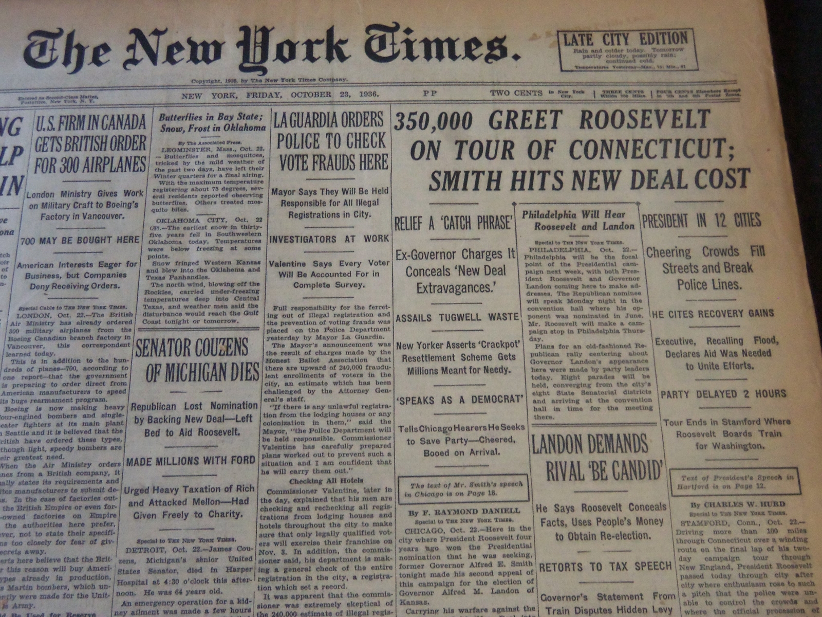 1936 OCTOBER 23 NEW YORK TIMES - 350,000 GREET ROOSEVELT IN CONNECTICUT- NT 6705 1936 OCTOBER 23 NEW YORK TIMES - 350,000 GREET ROOSEVELT IN CONNECTICUT- NT 6705